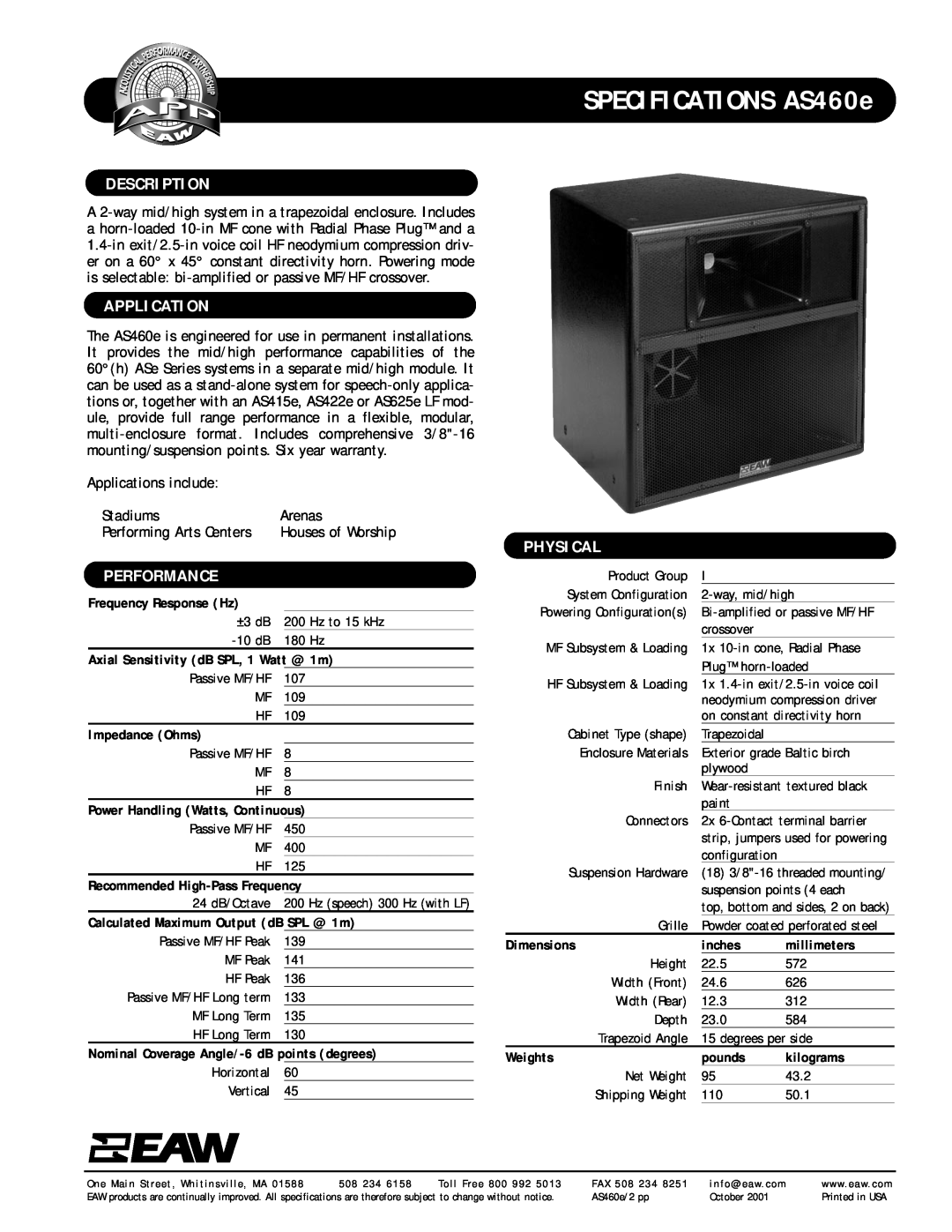 EAW specifications SPECIFICATIONS AS460e, Description, Application, Performance, Physical 