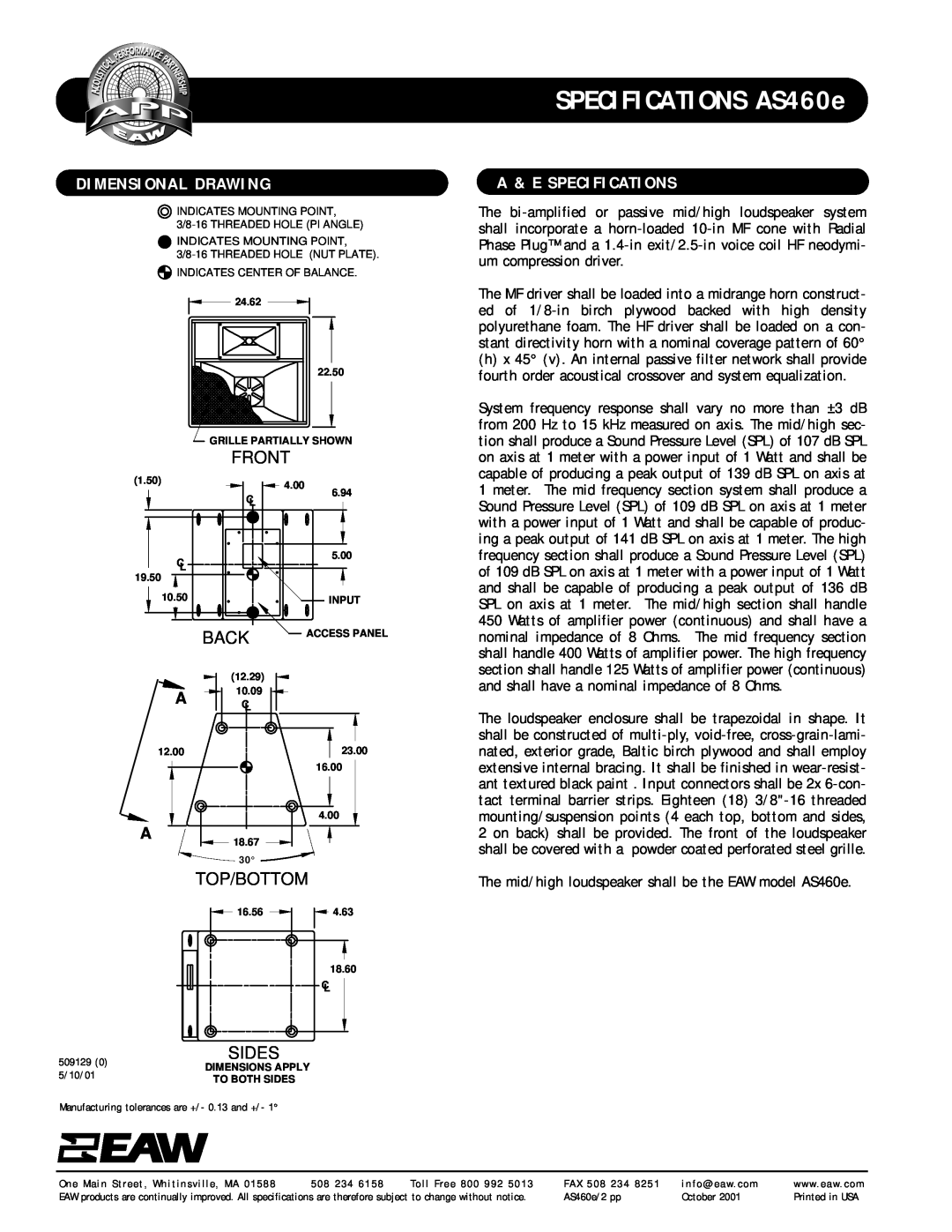 EAW specifications Dimensional Drawing, A & E Specifications, SPECIFICATIONS AS460e, Front, Sides, Back 