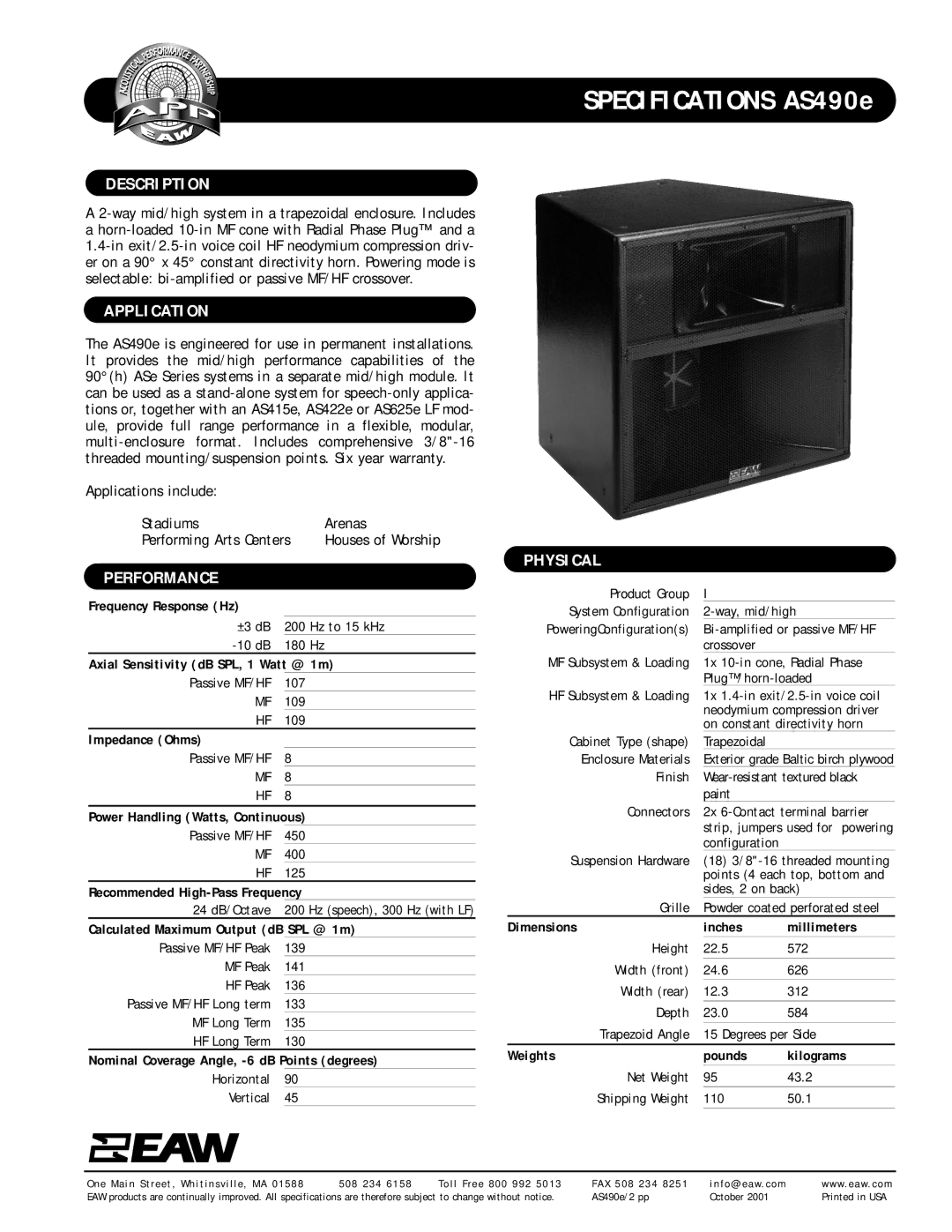 EAW AS490e specifications Description, Application, Performance, Physical 