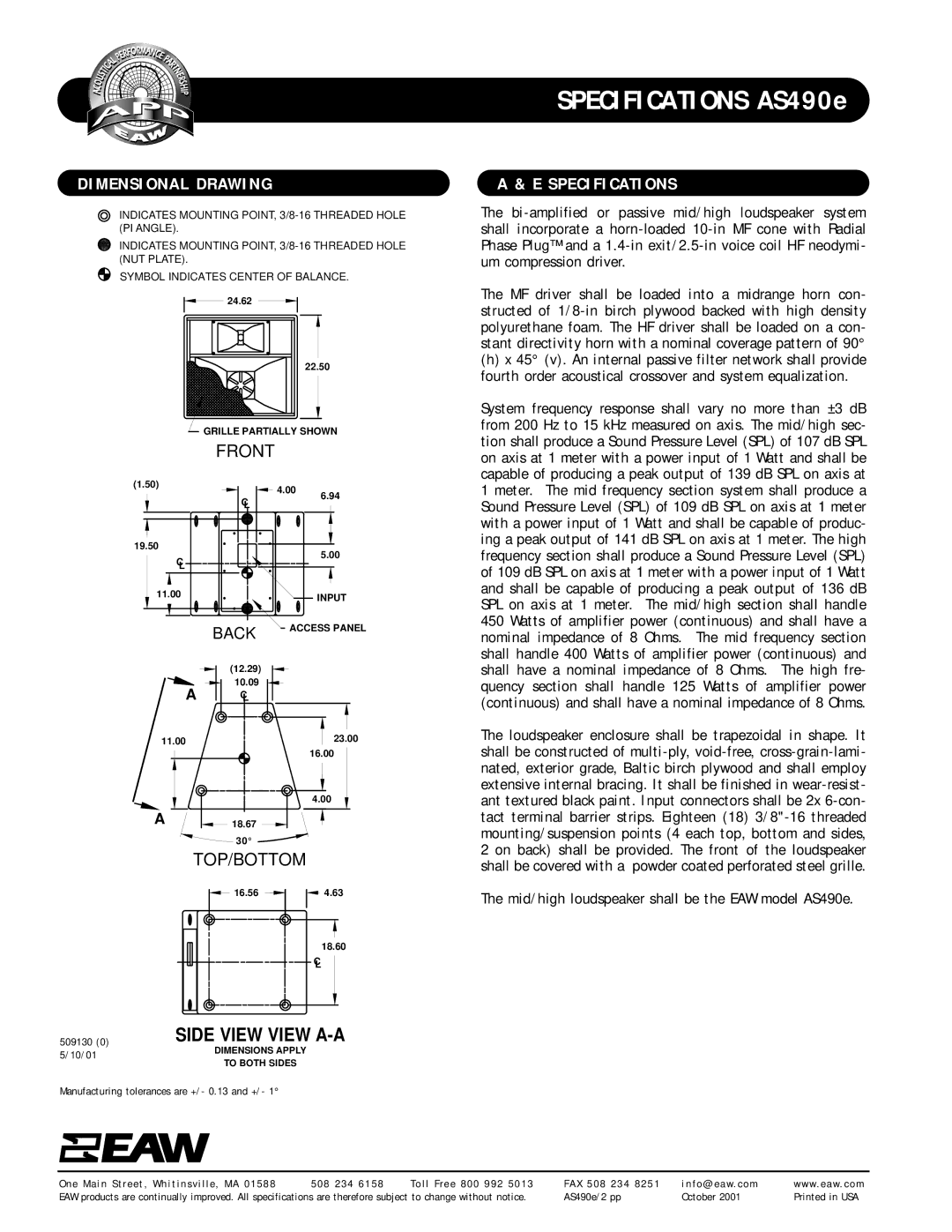 EAW AS490e specifications Dimensional Drawing, Specifications 