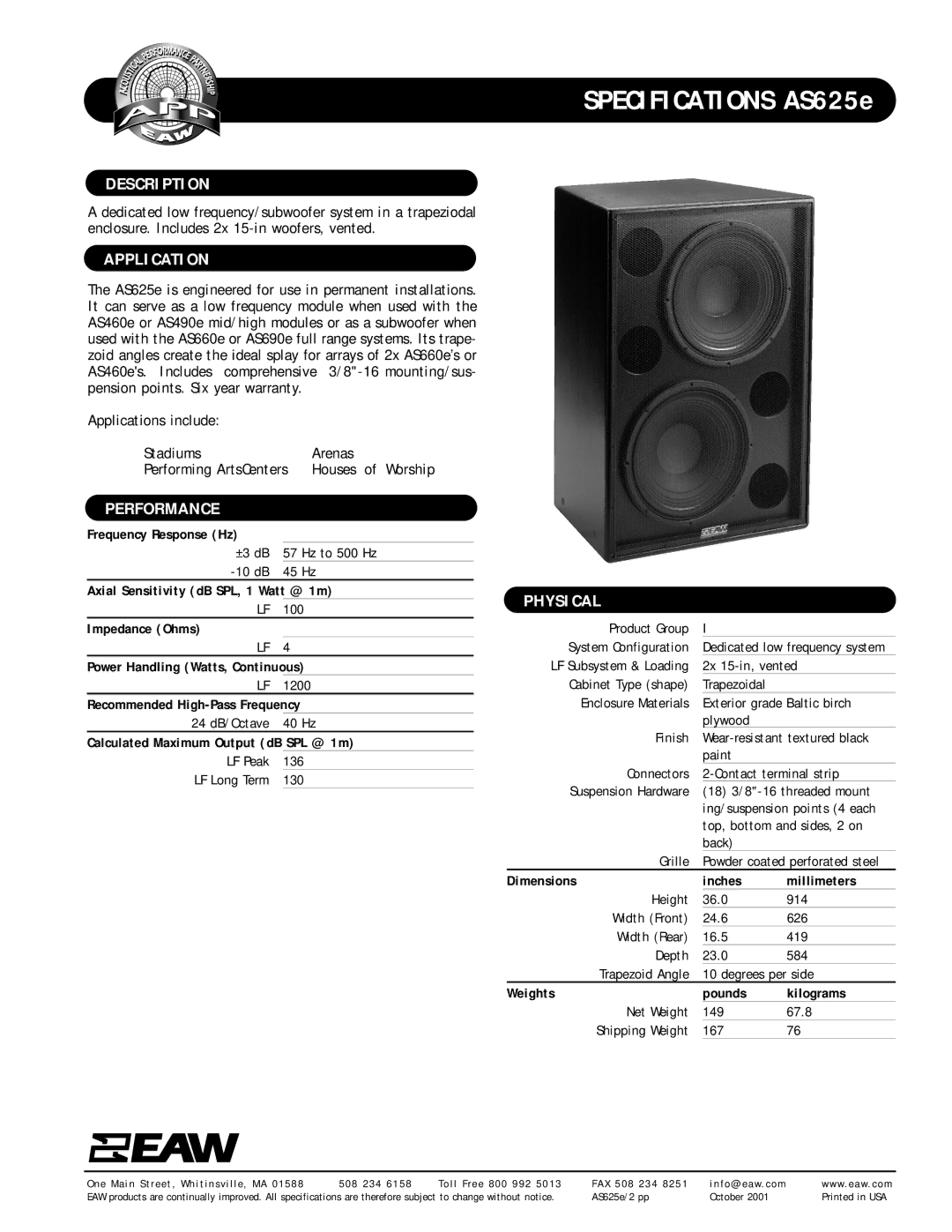 EAW AS625e specifications Description, Application, Performance, Physical 