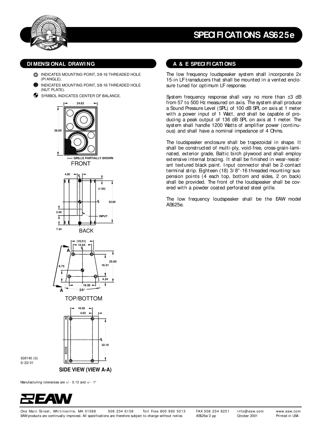 EAW AS625e specifications Dimensional Drawing, Specifications 