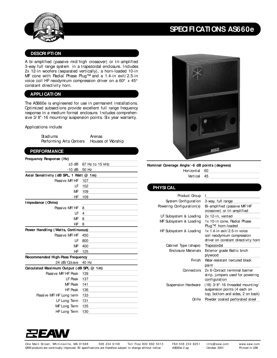 EAW AS660e specifications Description, Application, Performance, Physical 