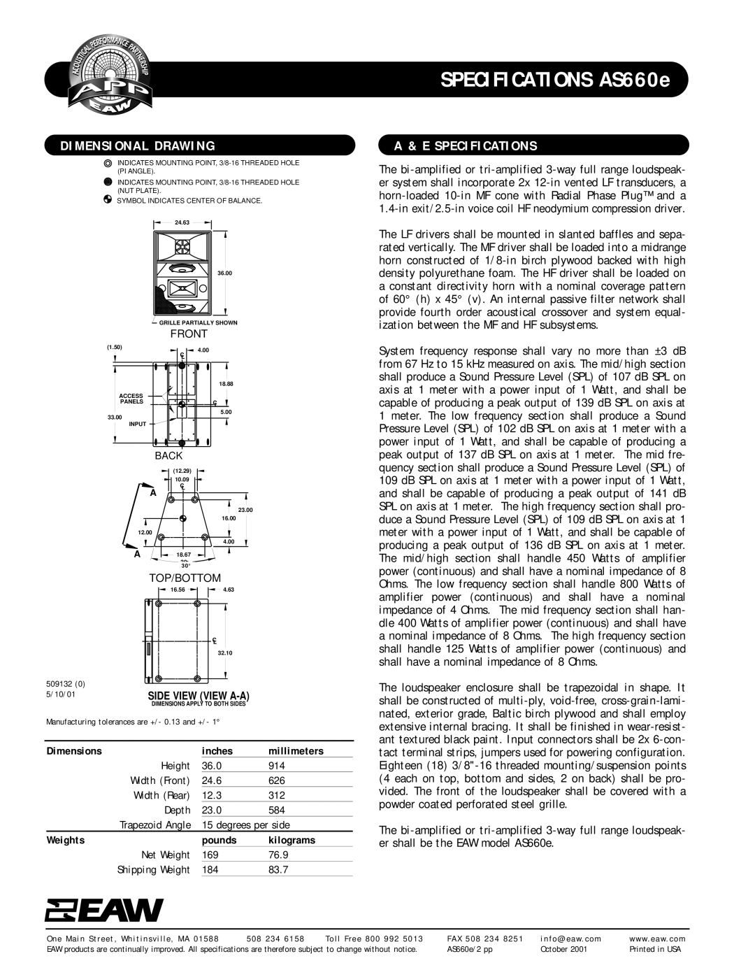 EAW AS660e specifications Dimensional Drawing, A & E Specifications, Front, Dimensions, inches, Weights, pounds, kilograms 