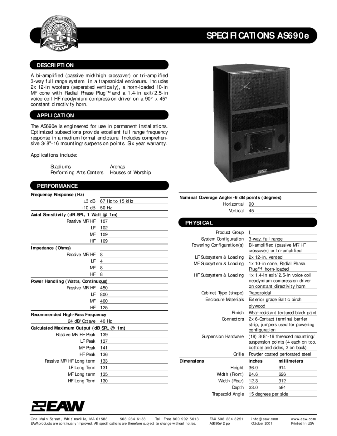 EAW AS90e specifications Description, Application, Performance, Physical 