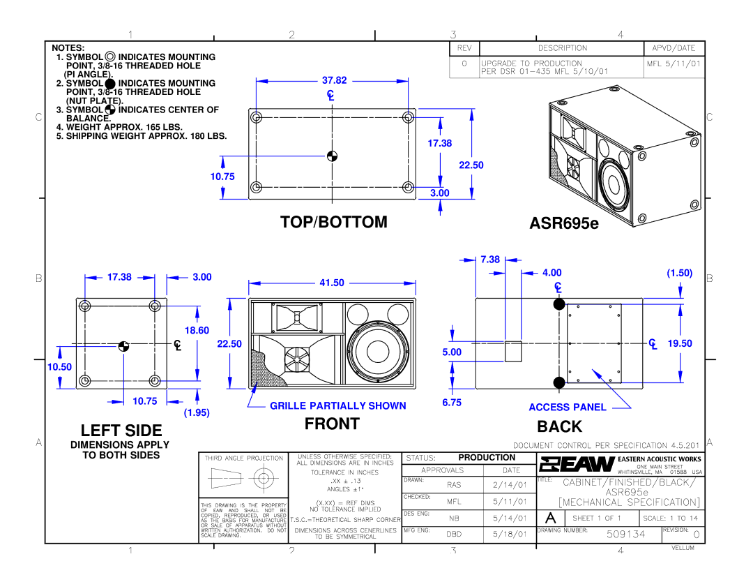 EAW ASR695e dimensions 37.82, 17.38 22.50, 17.38 41.50 10.50 18.60 22.50 19.50 L 10.75 