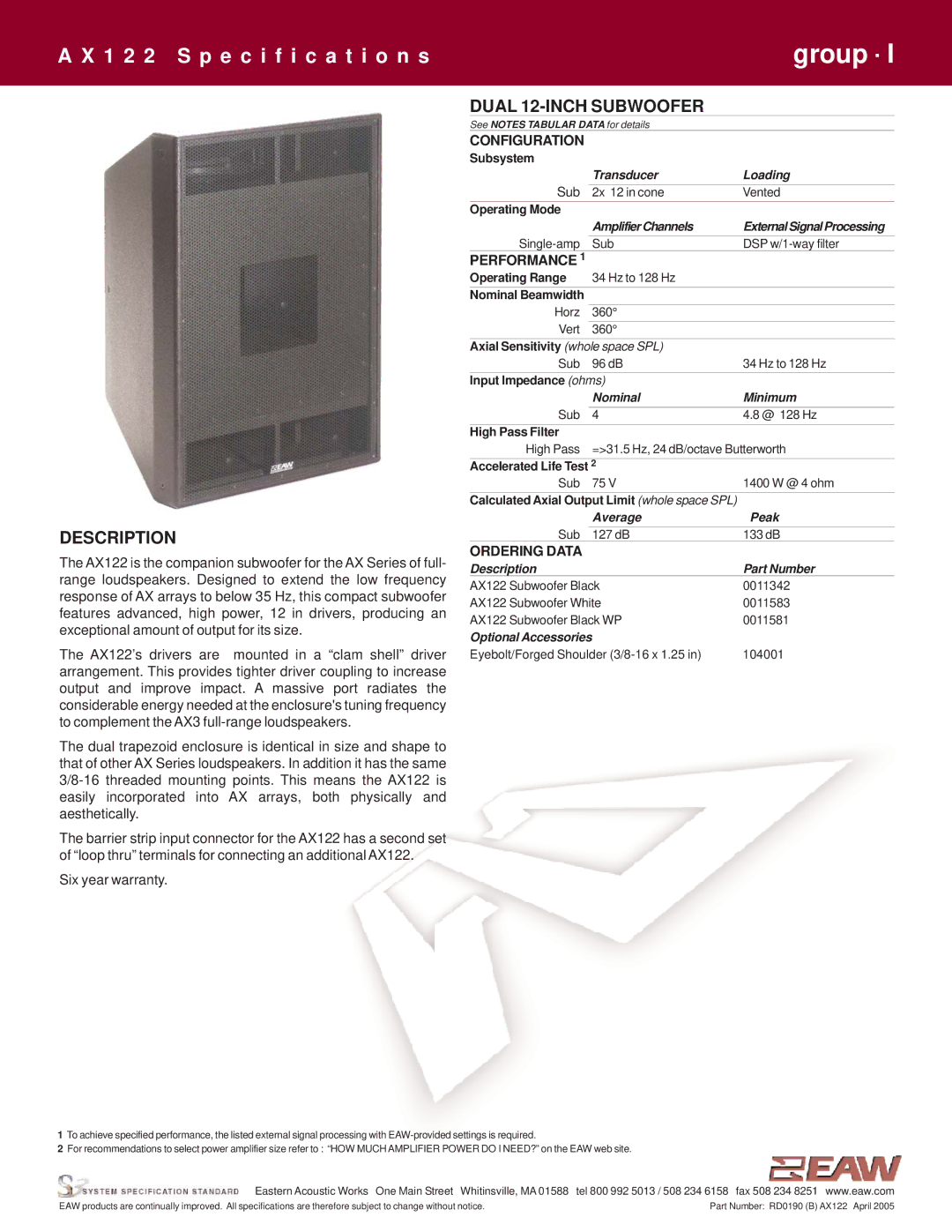 EAW AX122 specifications Description, Dual 12-INCH Subwoofer 