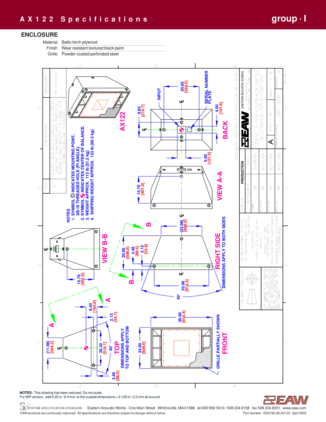 EAW AX122 specifications Back, Enclosure 