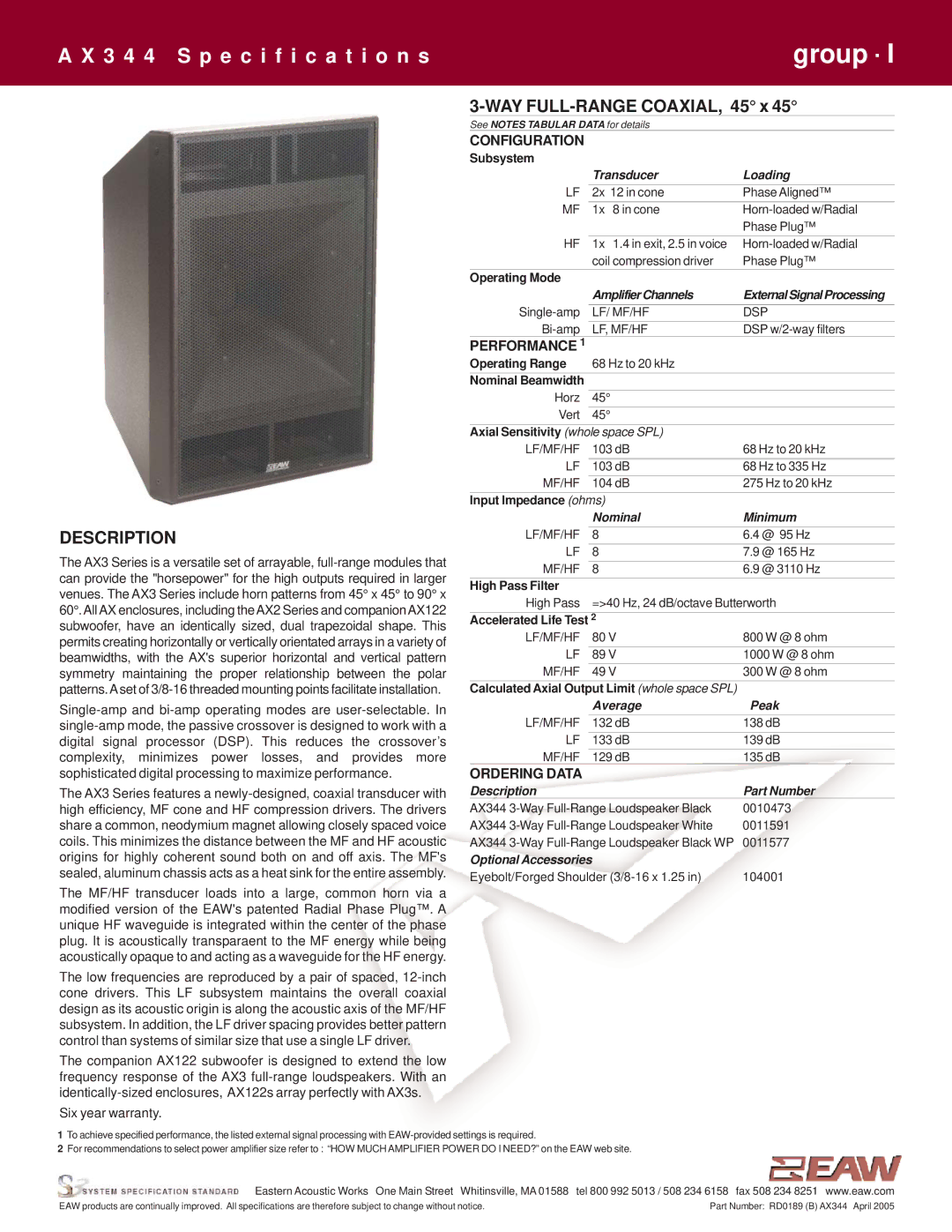 EAW AX344 specifications Group ·, Description 