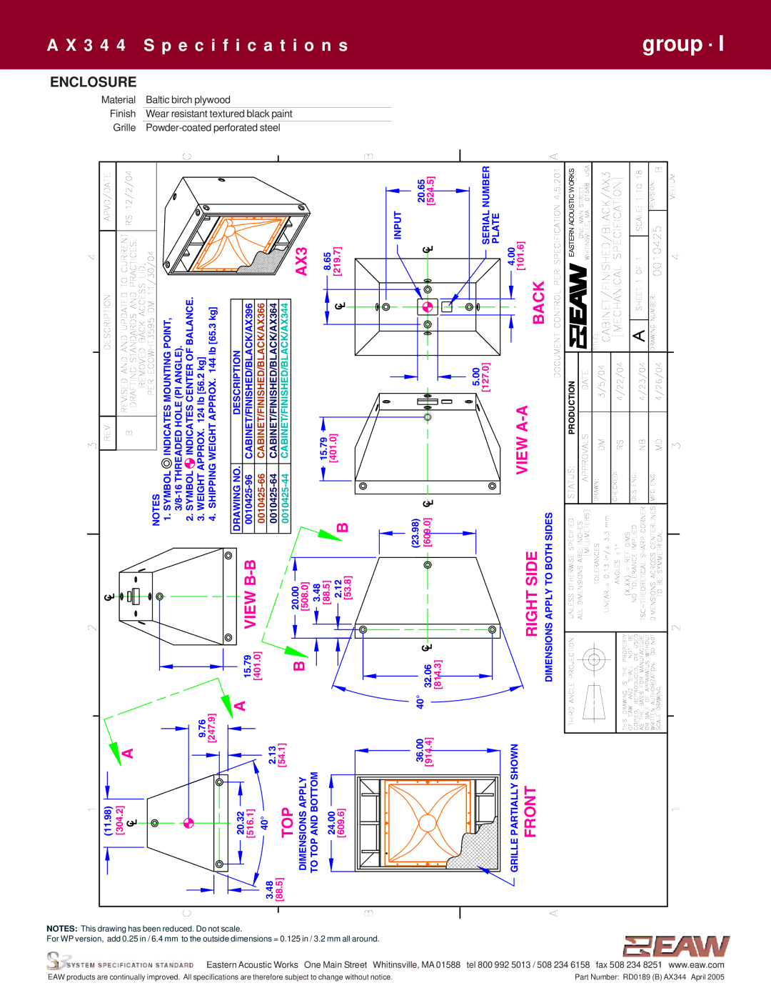 EAW AX344 specifications Back, Enclosure 