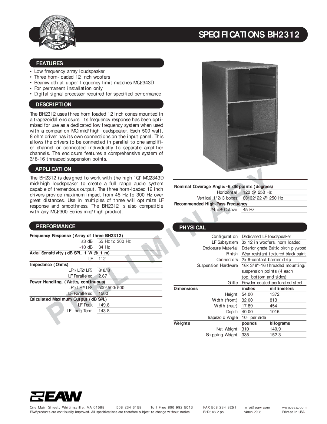 EAW BH2312 specifications Features, Description, Application, Performance, Physical 