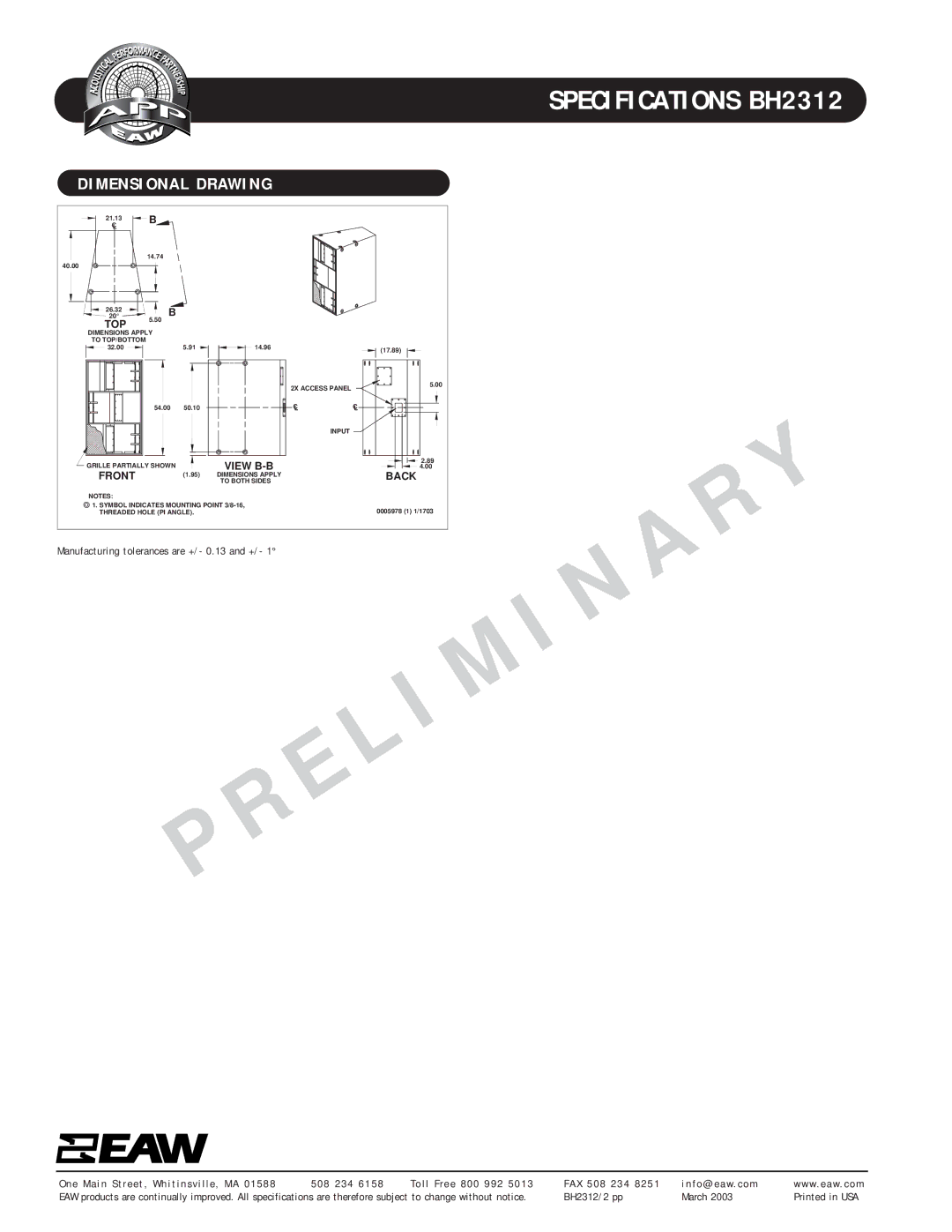 EAW BH2312 specifications Dimensional Drawing, Top, View B-B Front, Back 