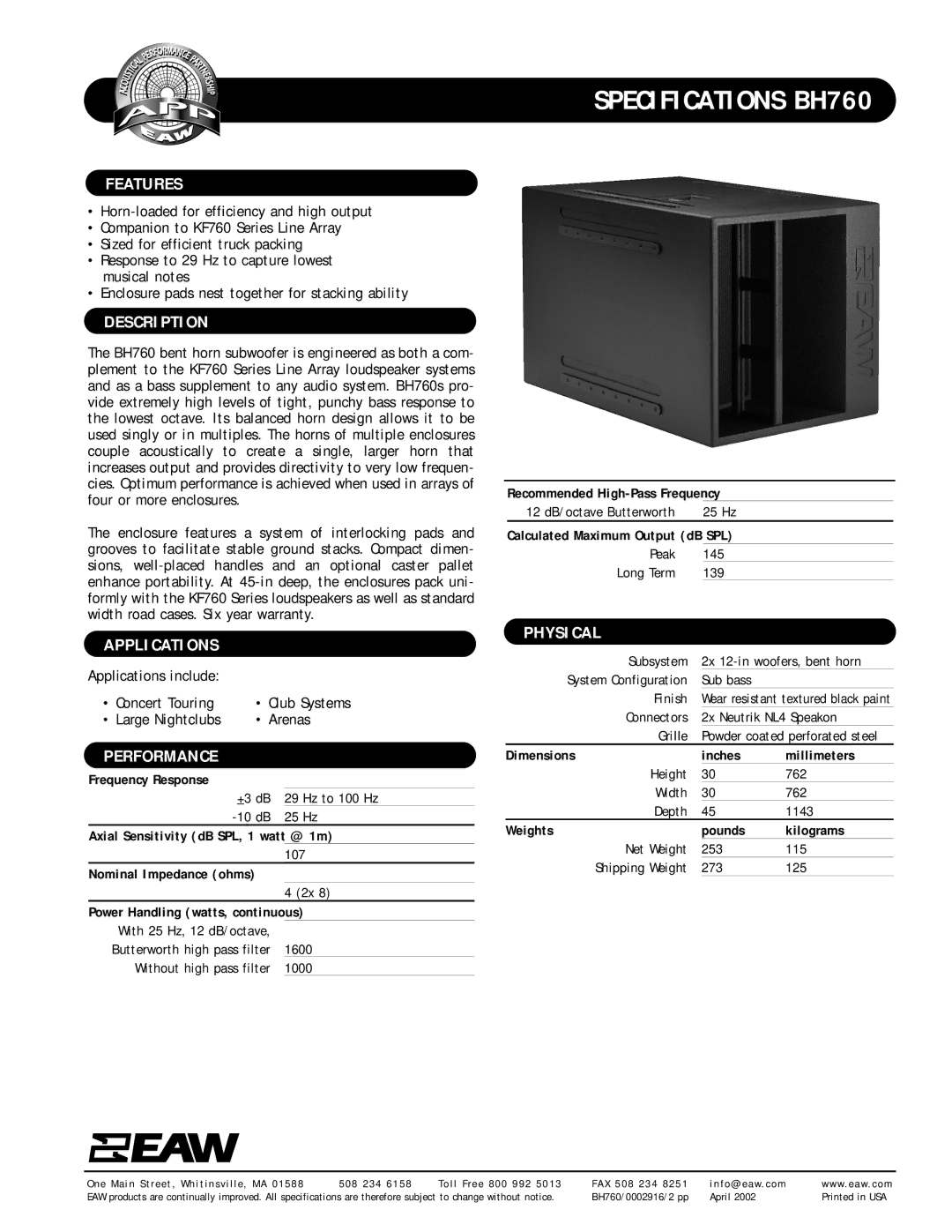 EAW specifications Specifications BH760 