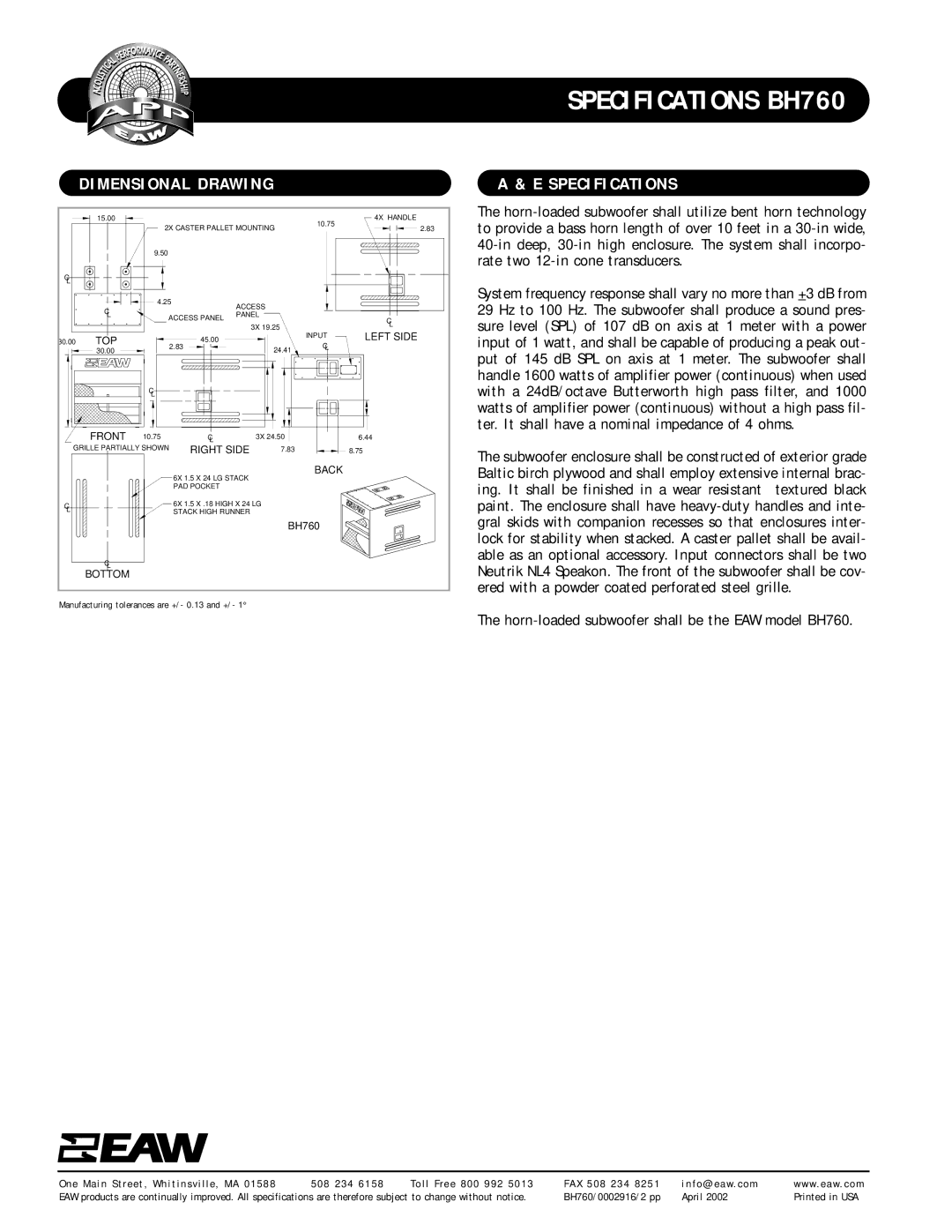 EAW BH760 specifications Dimensional Drawing, Specifications, Subwoofer enclosure shall be constructed of exterior grade 