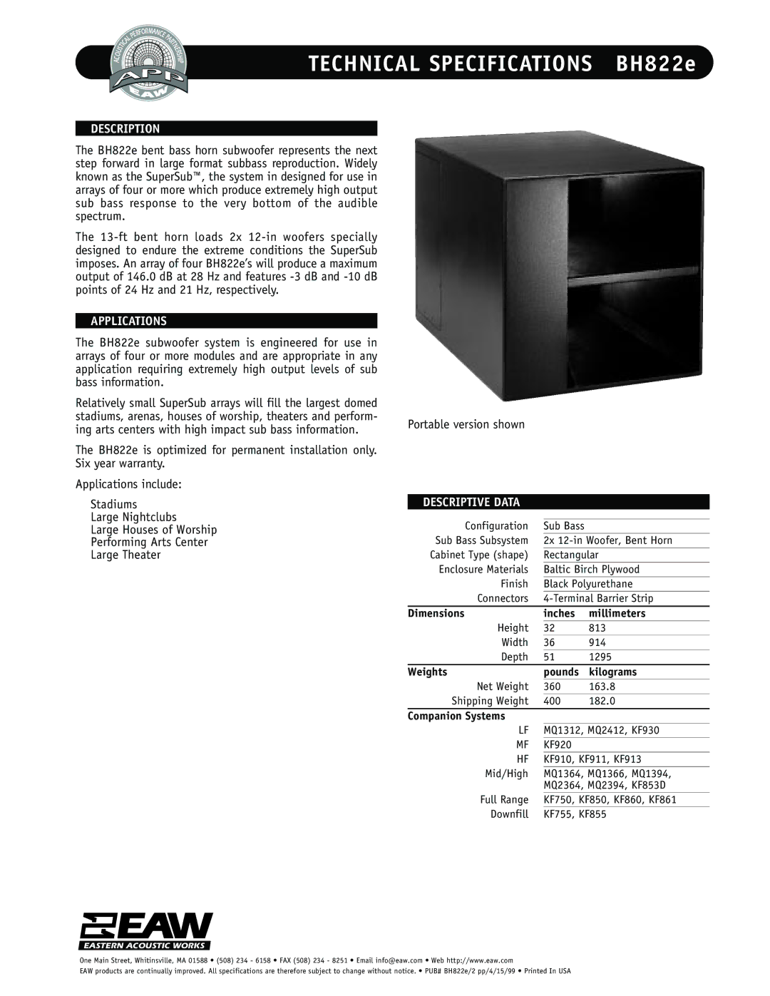 EAW technical specifications Technical Specifications BH822e, Description, Applications, Descriptive Data 