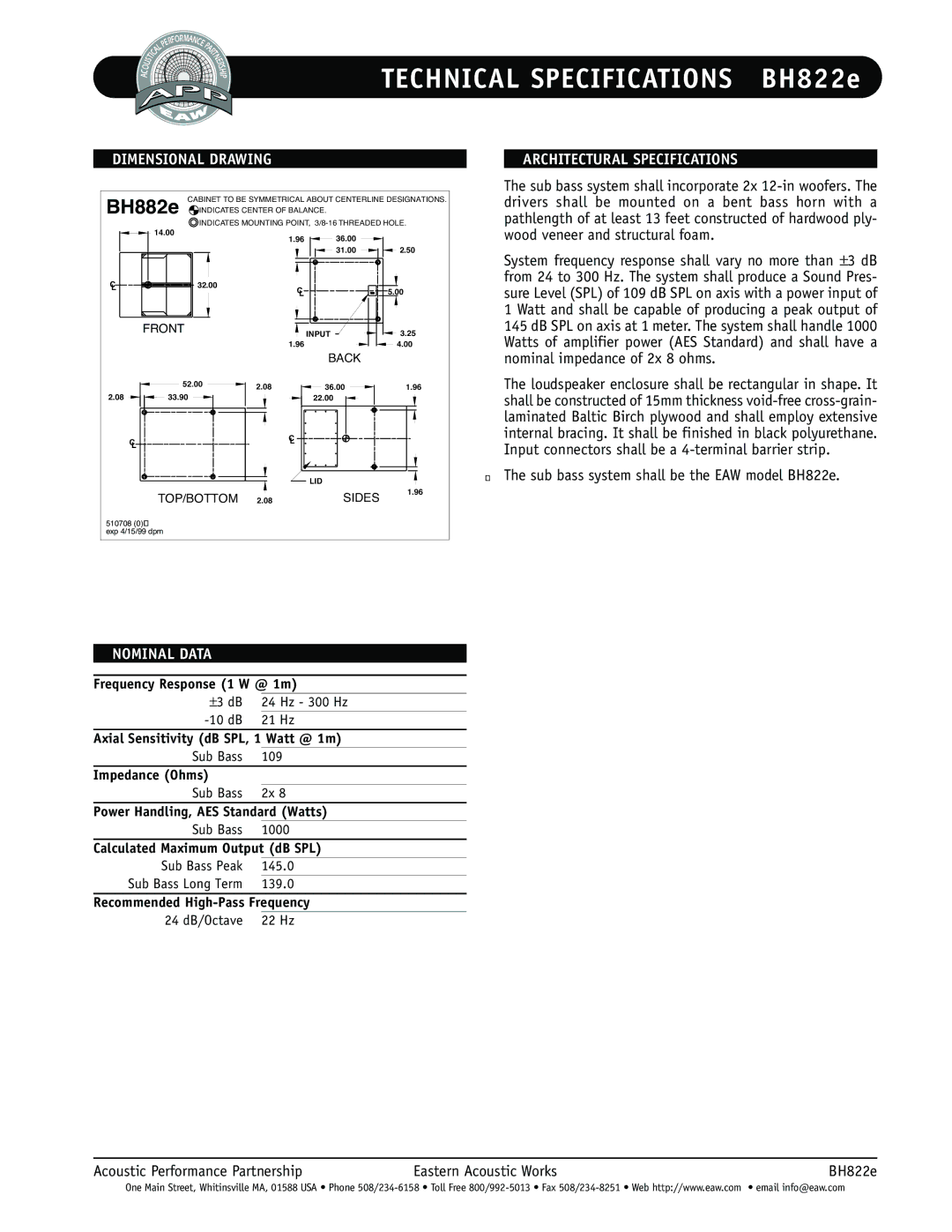 EAW BH822e technical specifications BH882e, Dimensional Drawing, Architectural Specifications, Nominal Data 