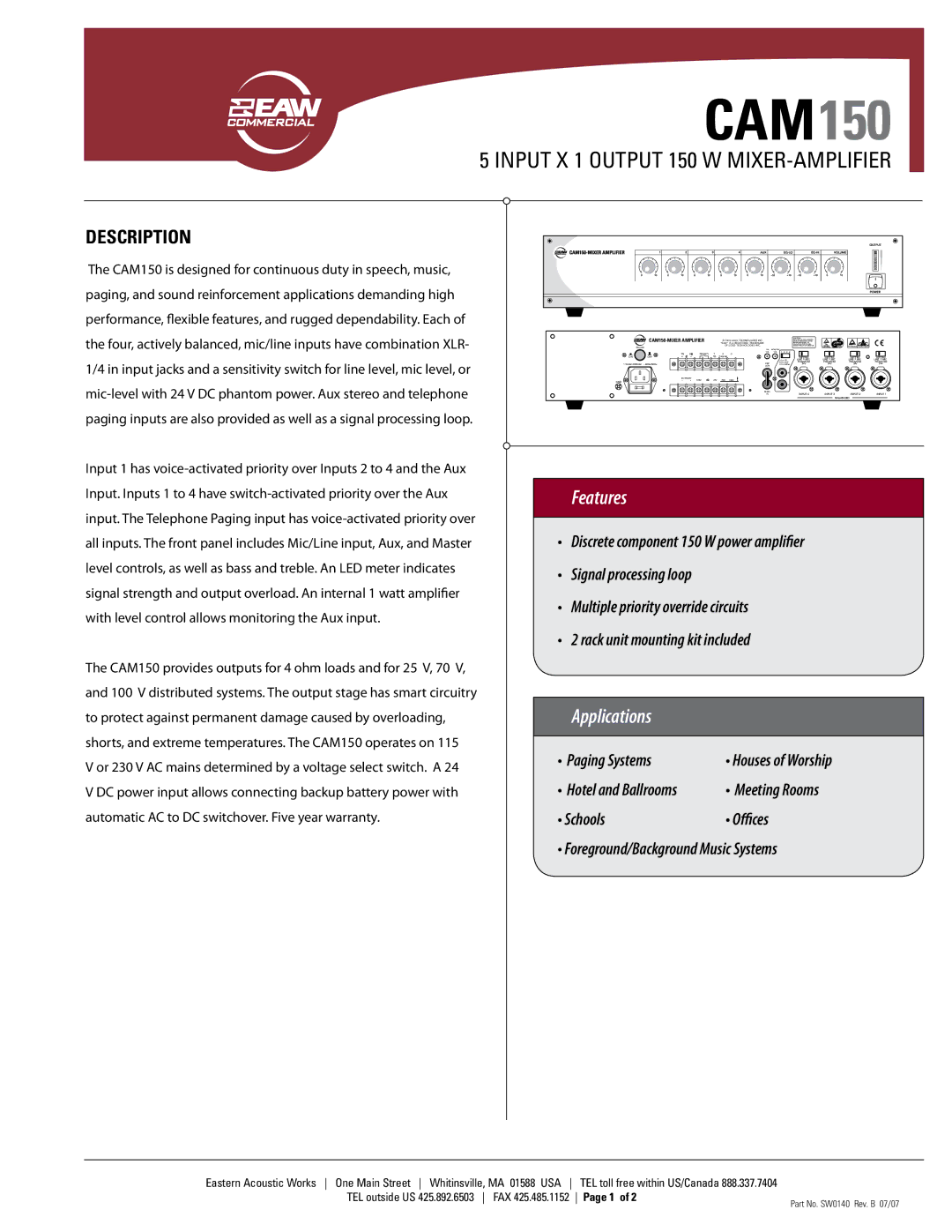 EAW CAM150 warranty Features, Applications, Description 