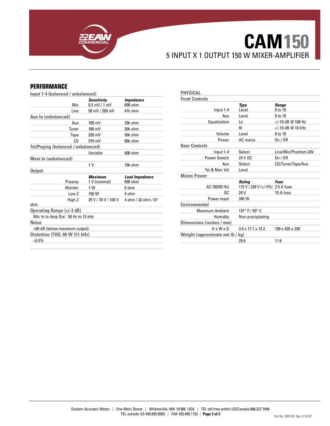 EAW CAM150 warranty Performance 