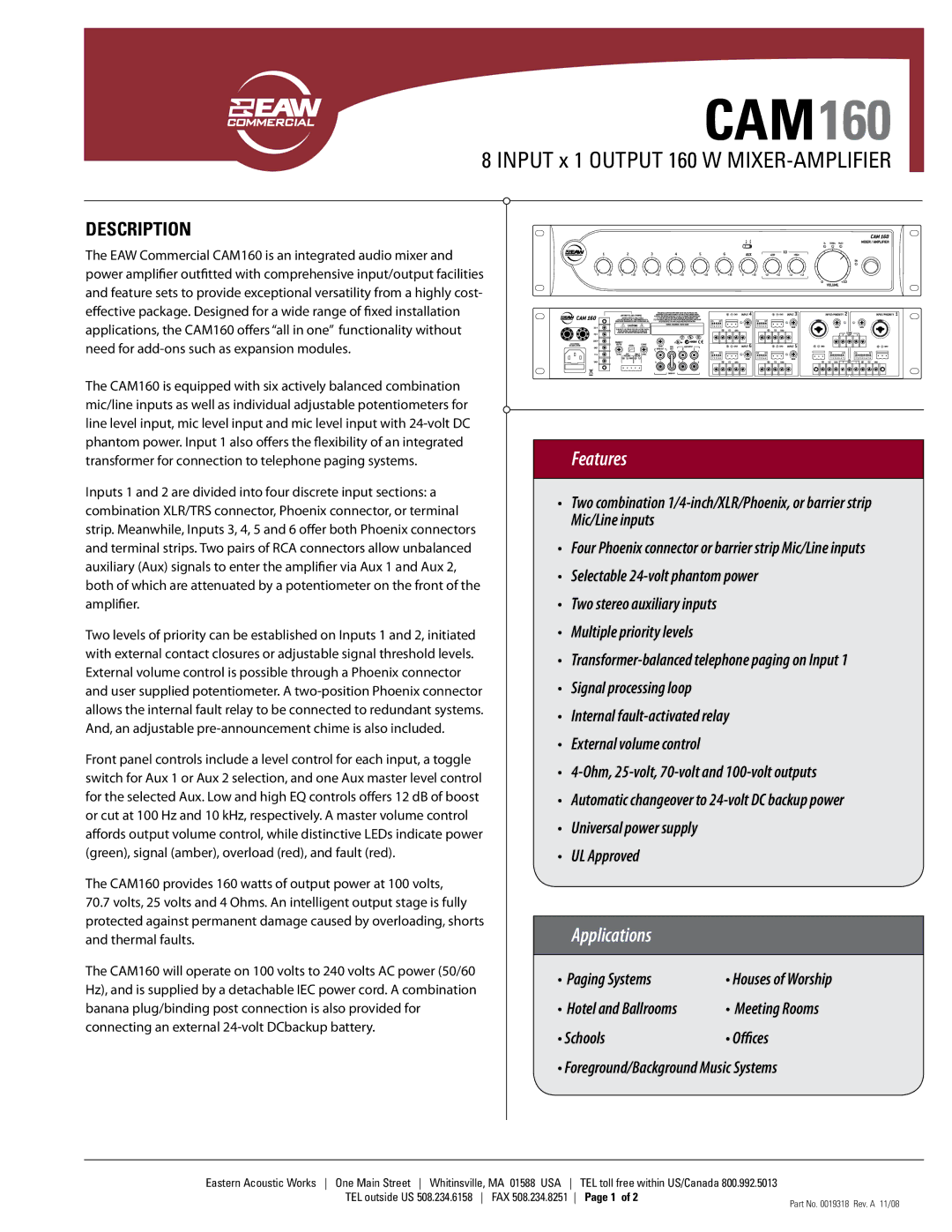 EAW CAM160 manual Features, Applications, Description 