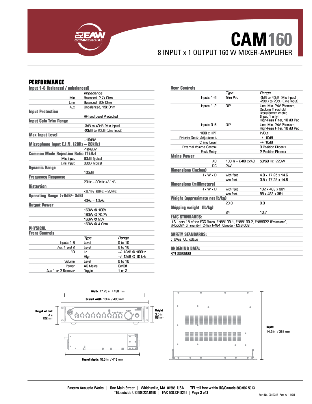 EAW CAM160 manual Performance, INPUT x 1 OUTPUT 160 W MIXER-AMPLIFIER, Input 1-8balanced / unbalanced, Rear Controls 