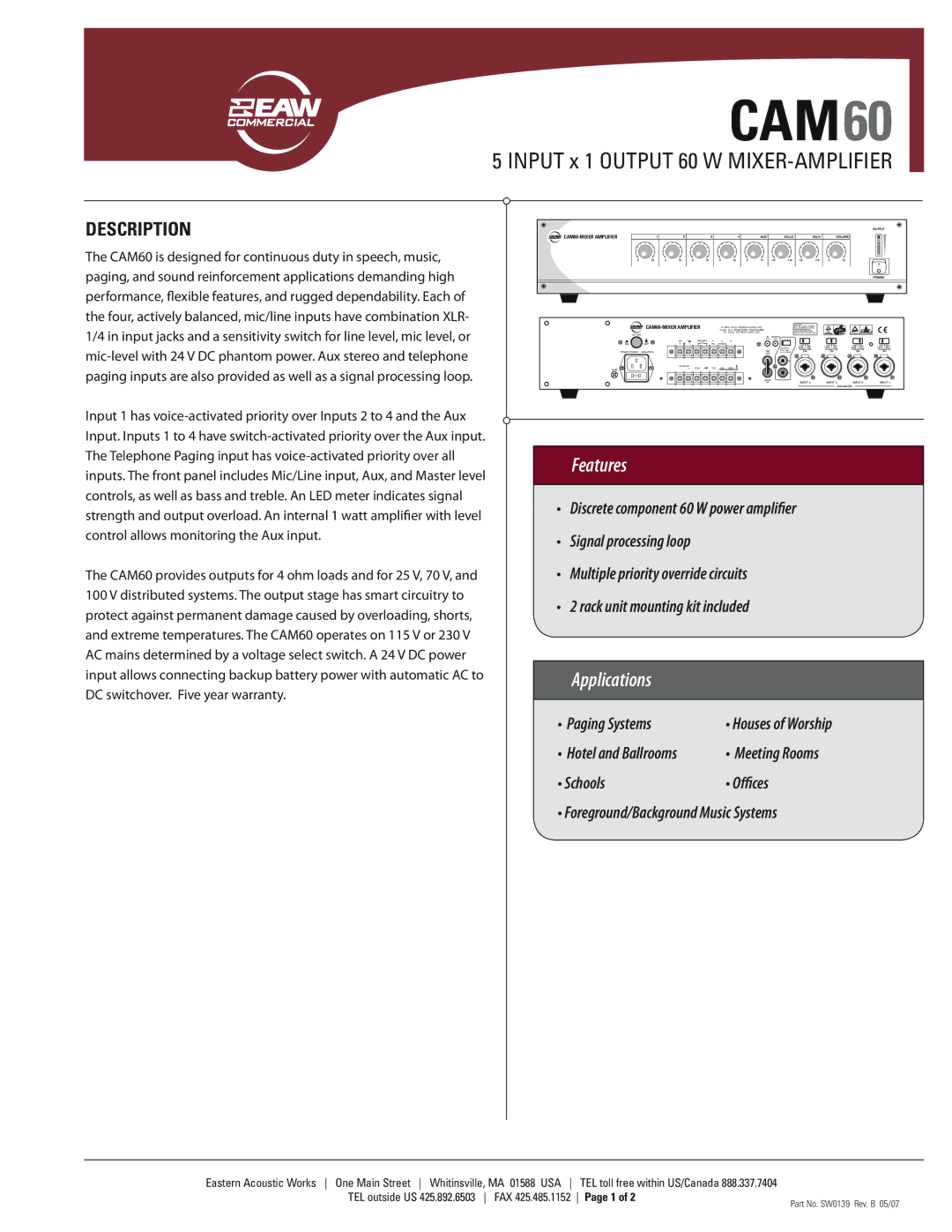 EAW CAM60 warranty Features, Applications, Description 