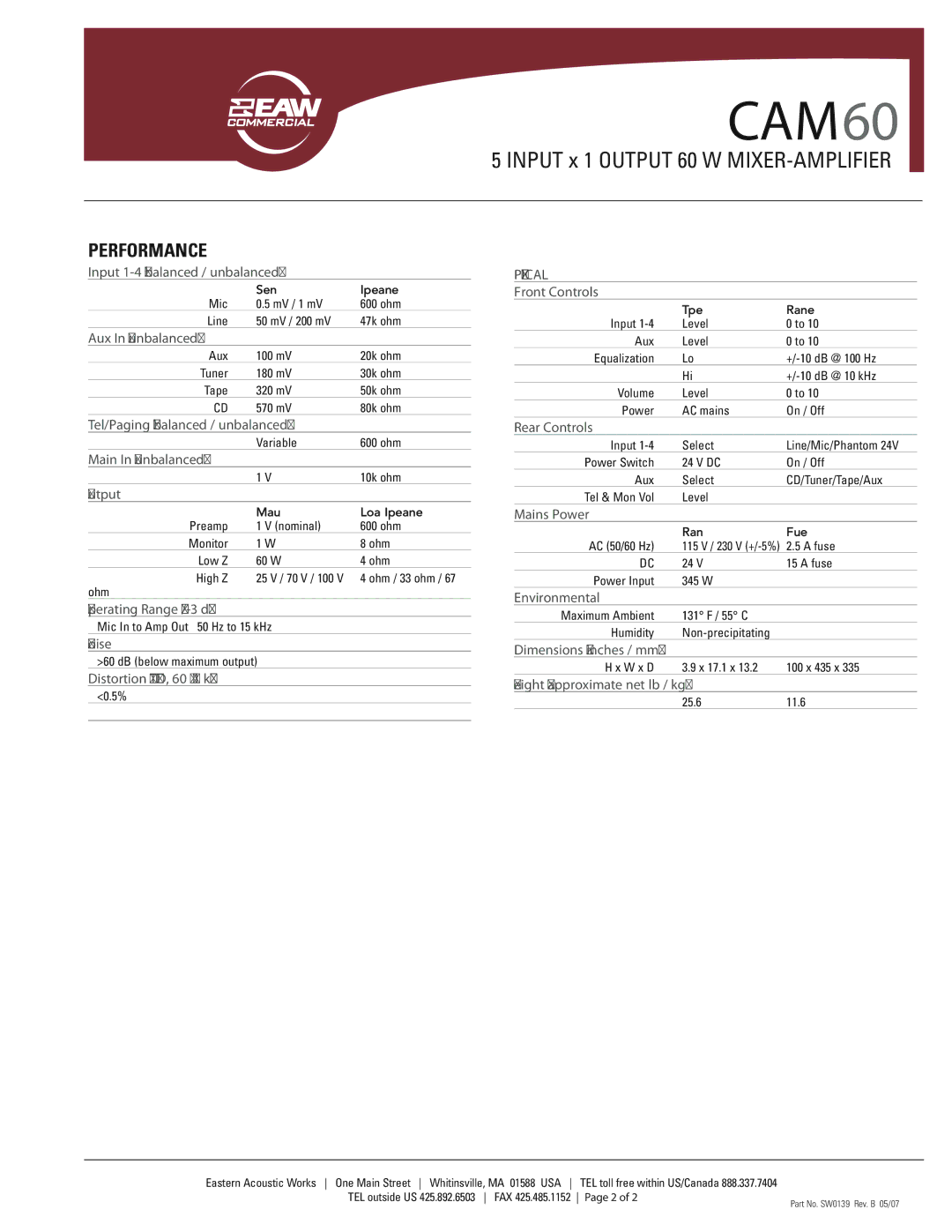 EAW CAM60 warranty Performance 