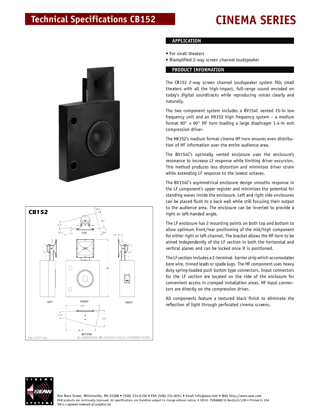 EAW CB152 technical specifications Cinema Series, Application, Product Information 