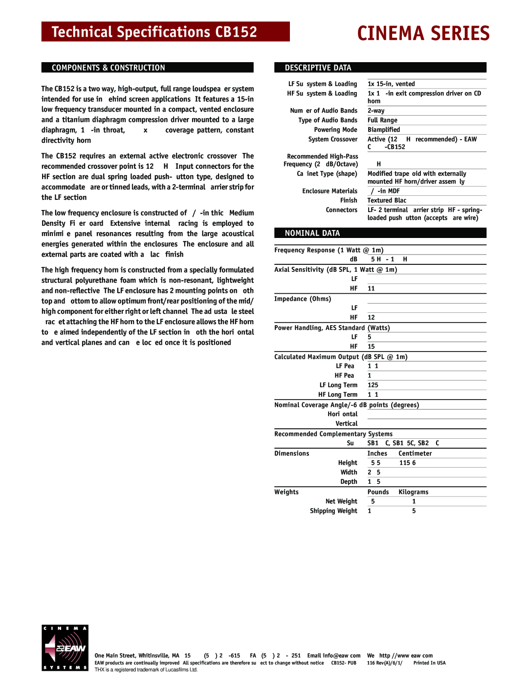 EAW CB152 technical specifications Components & Construction, Descriptive Data, Nominal Data 