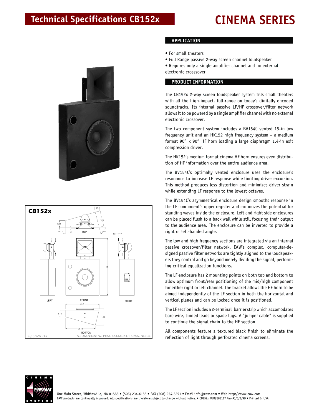 EAW CB152x technical specifications Cinema Series, Application, Product Information 