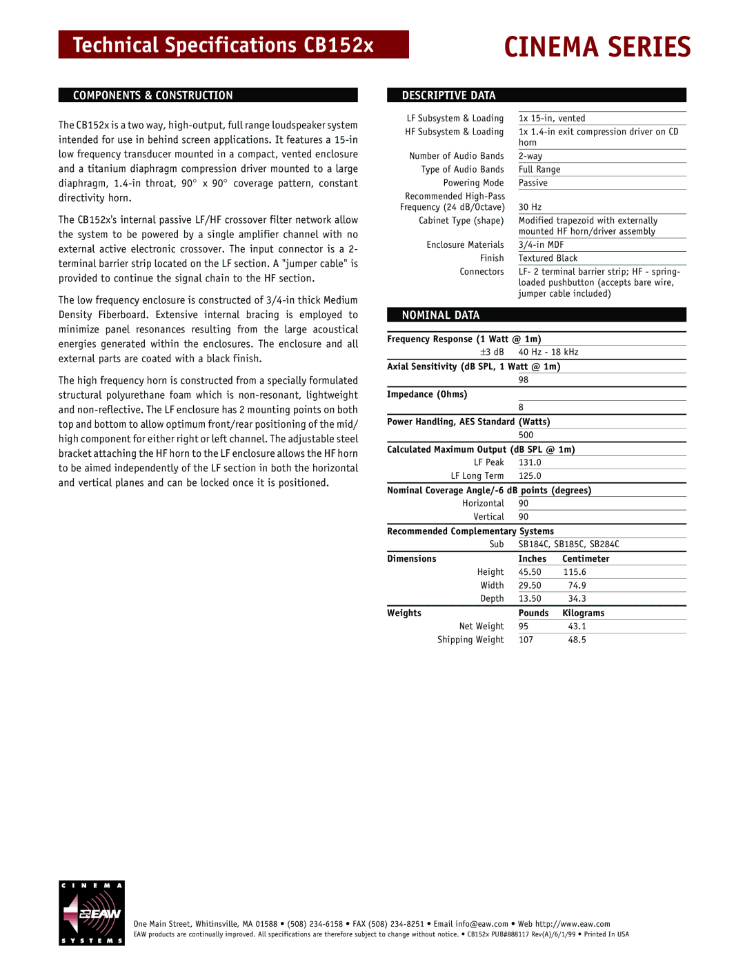 EAW CB152x technical specifications Components & Construction, Descriptive Data, Nominal Data 