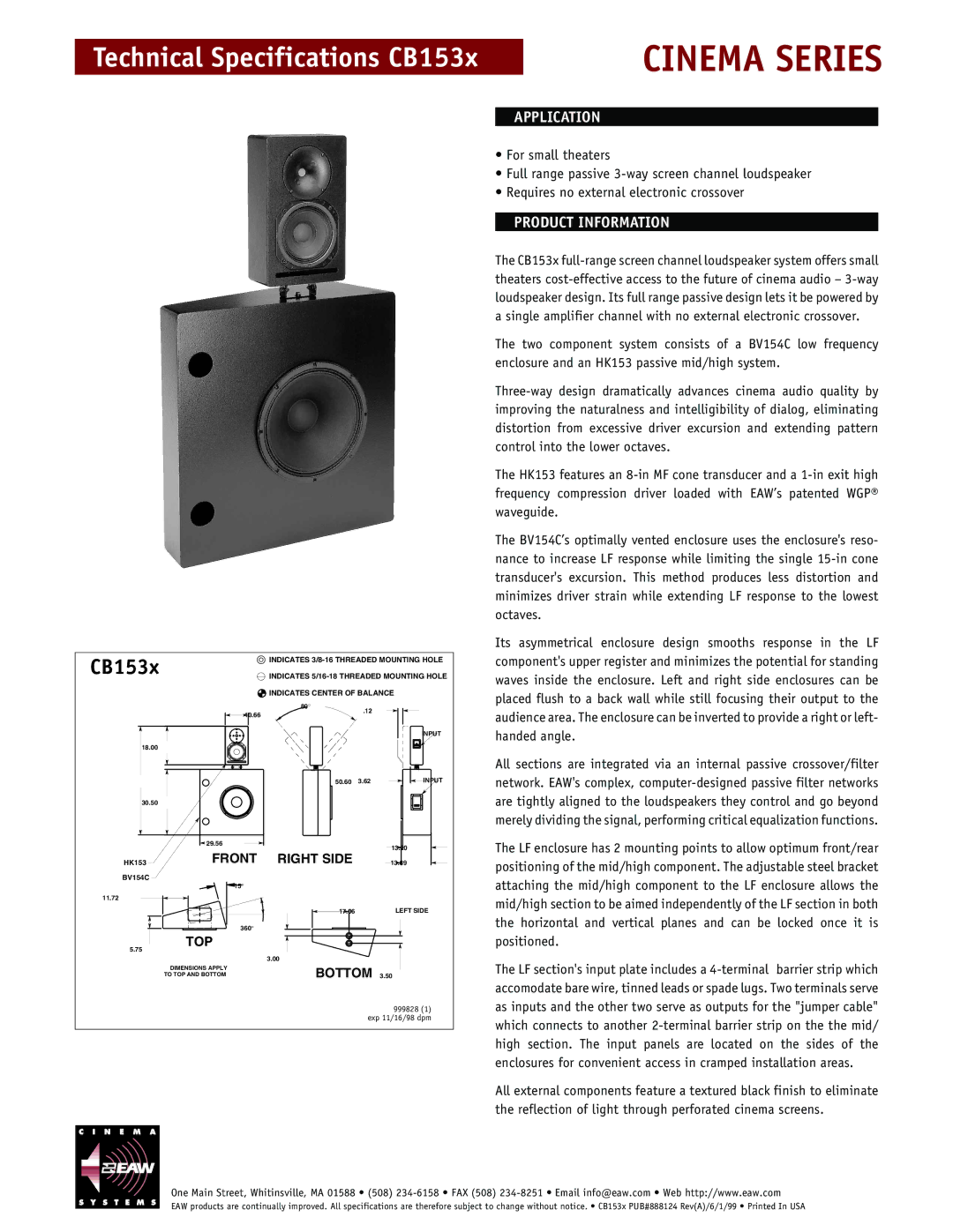 EAW CB153X technical specifications Cinema Series, CB153x, Application, Product Information 