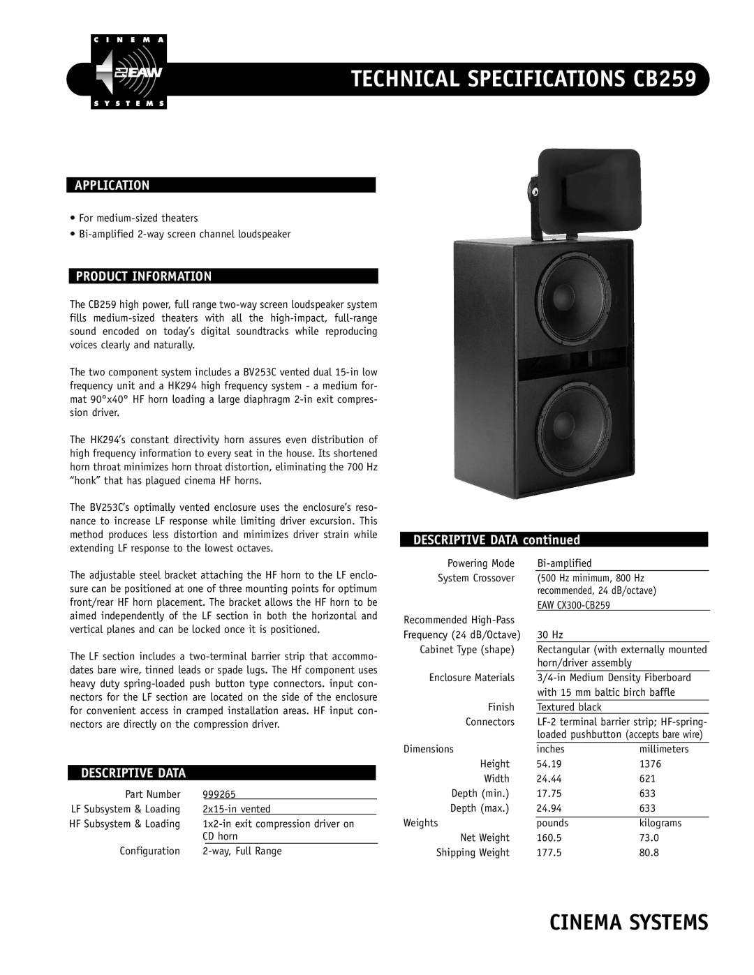 EAW technical specifications Technical Specifications CB259, Application, Product Information, Descriptive Data 