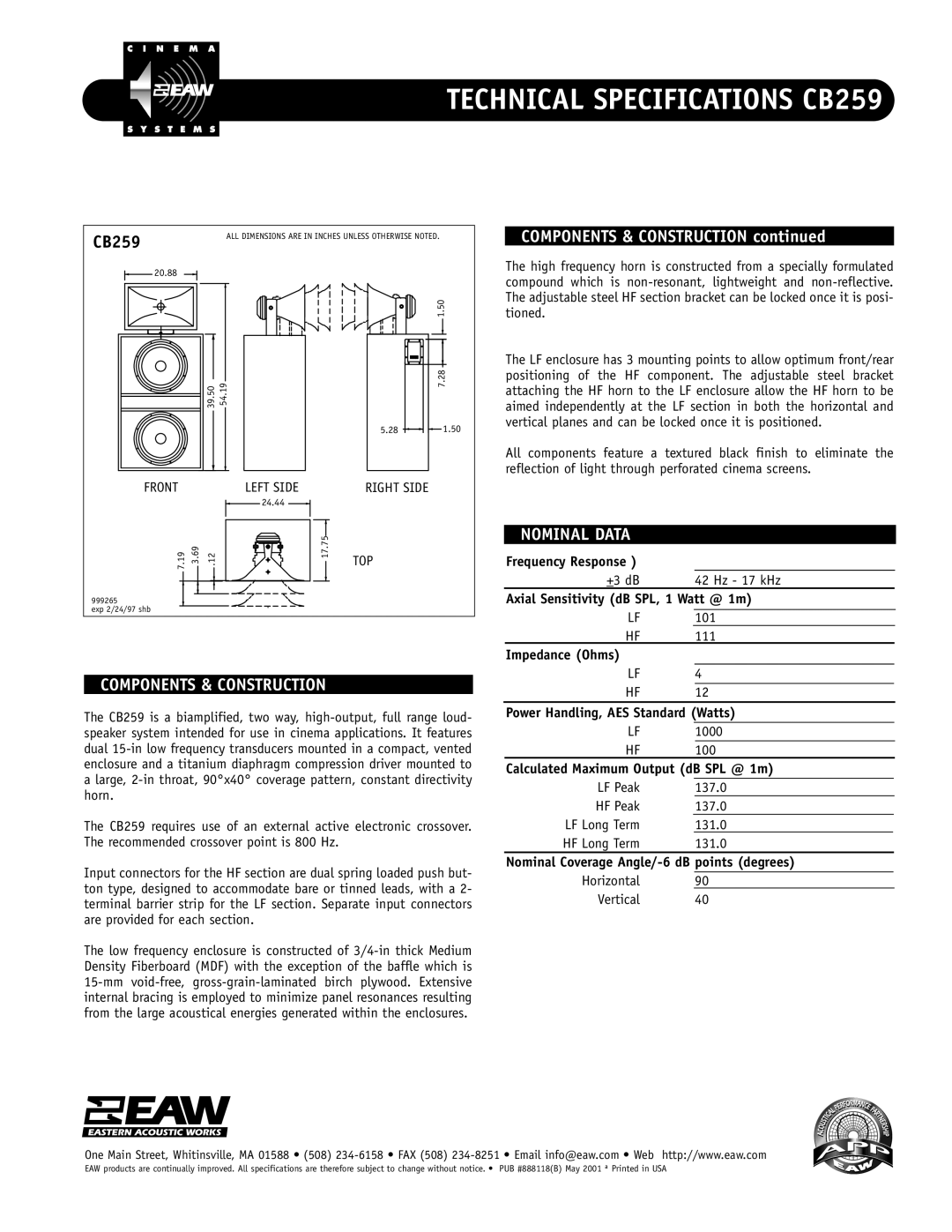 EAW CB259 technical specifications Components & Construction, Nominal Data 