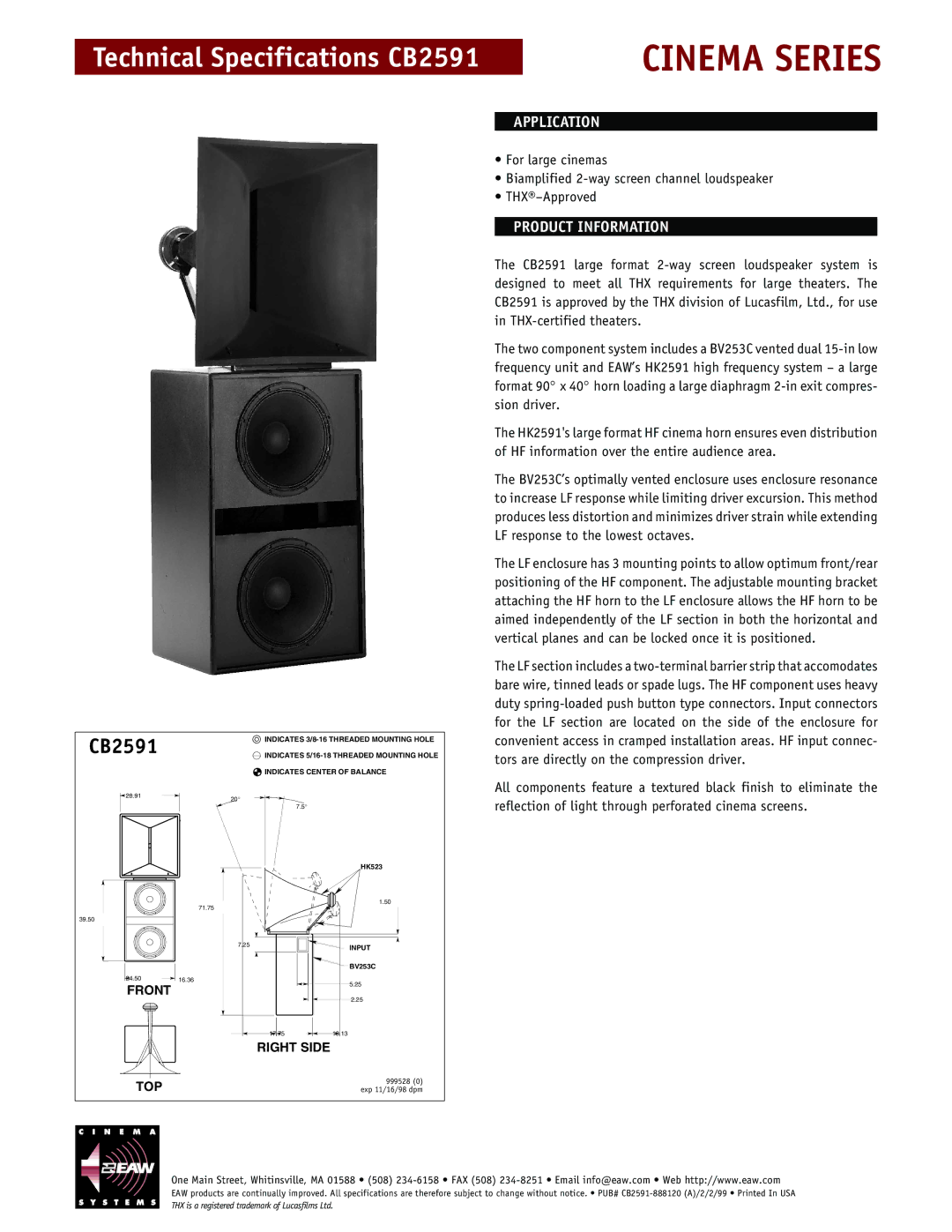 EAW CB2591 technical specifications Cinema Series, Application, Product Information 