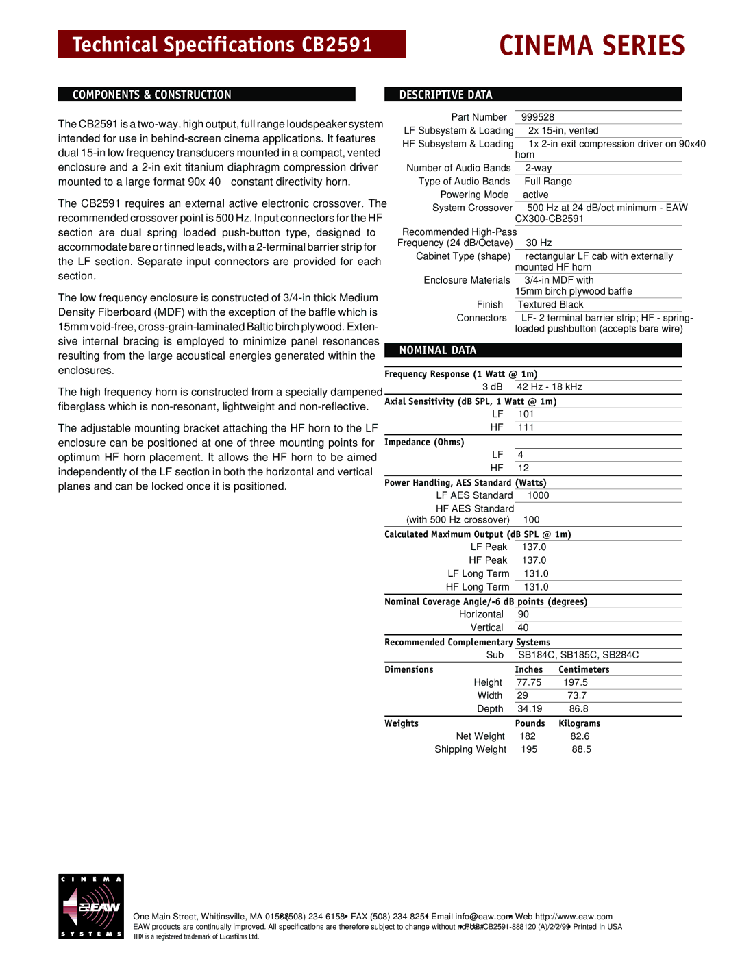 EAW CB2591 technical specifications Components & Construction, Descriptive Data, Nominal Data 