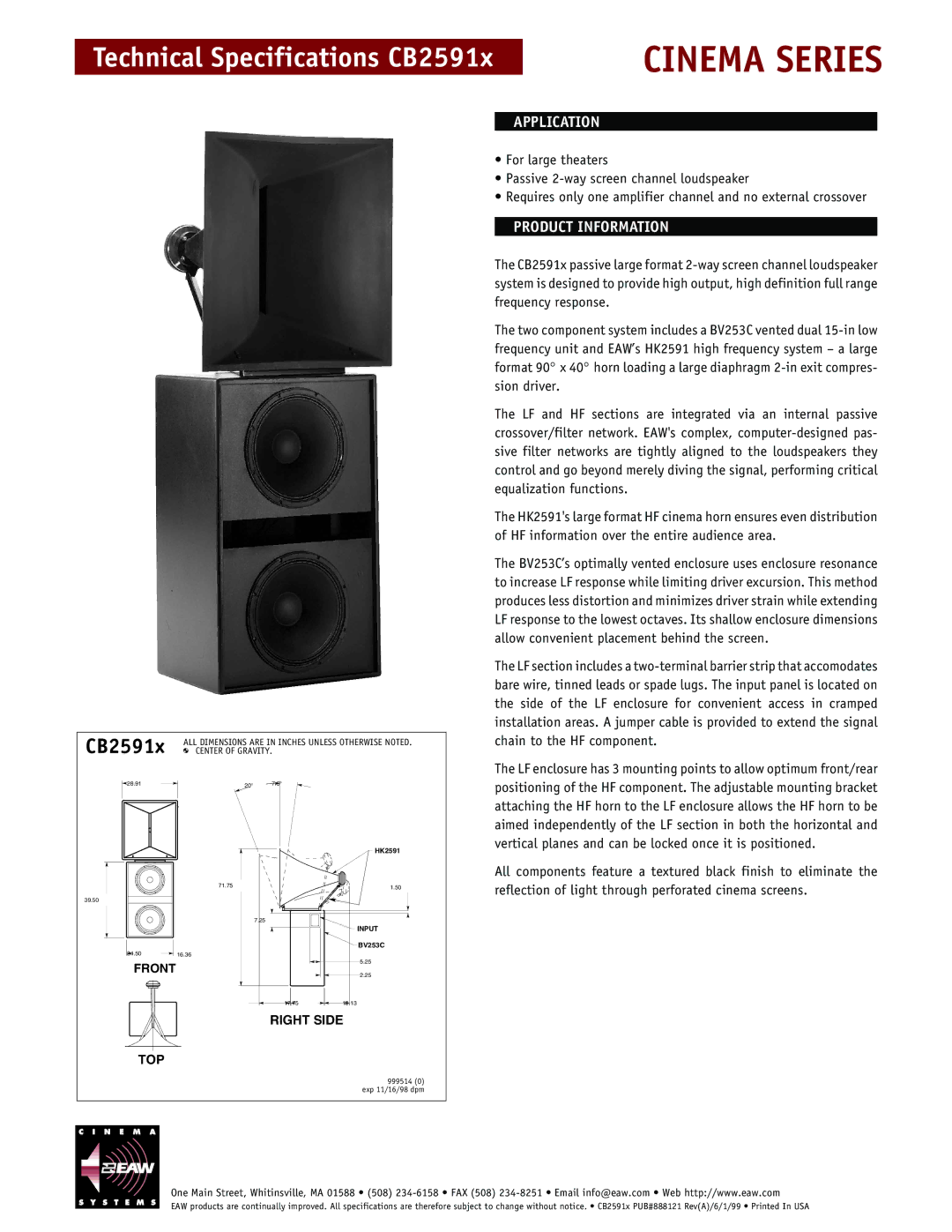 EAW CB2591x technical specifications Cinema Series, Application, Product Information 