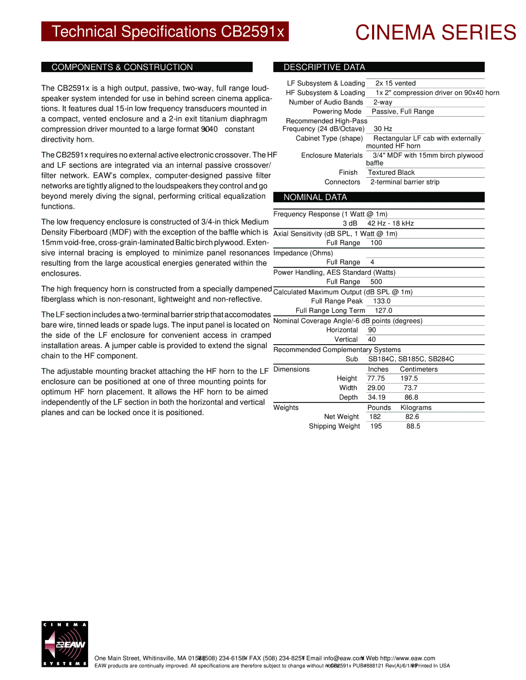 EAW CB2591x technical specifications Components & Construction, Descriptive Data, Nominal Data 