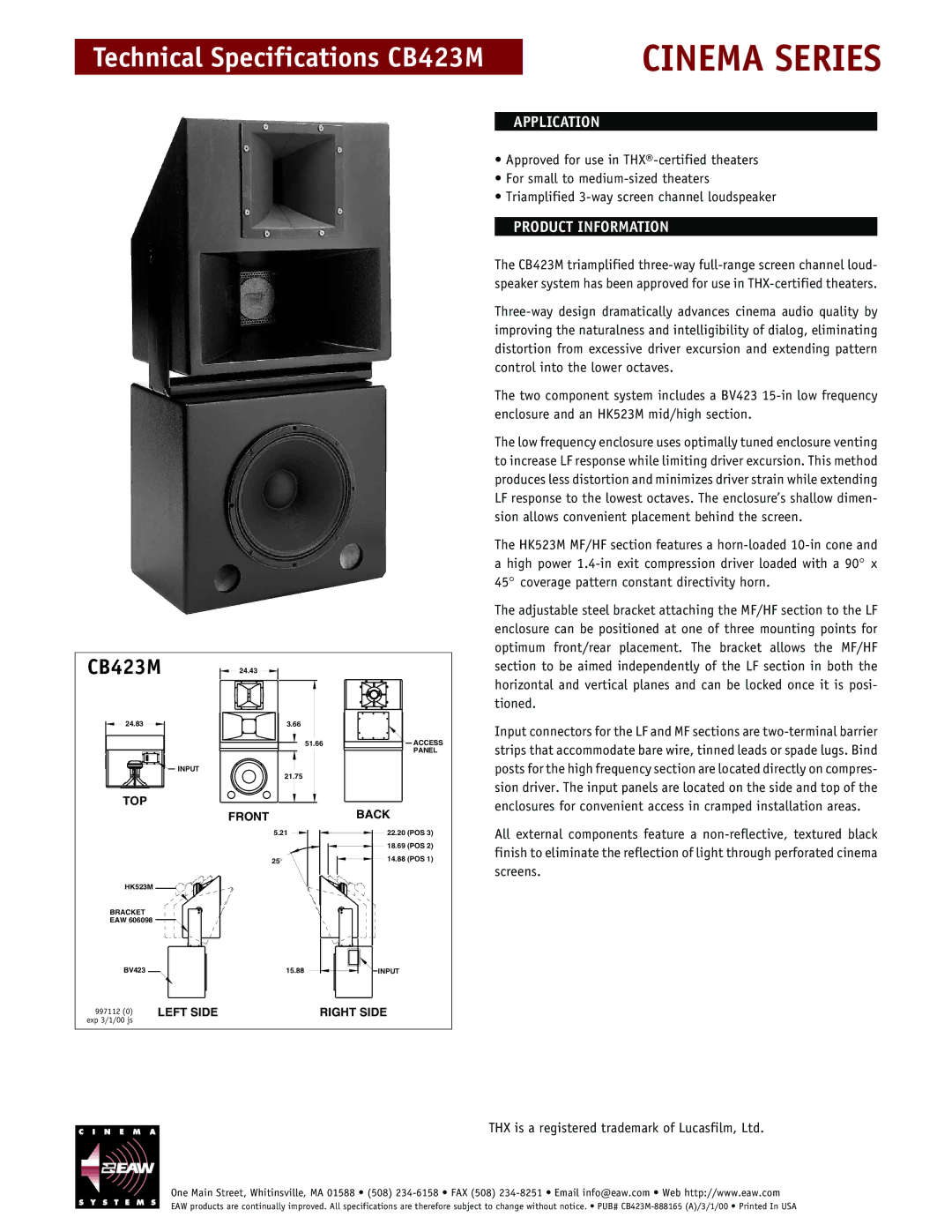 EAW CB423M technical specifications Cinema Series, Application, Product Information 