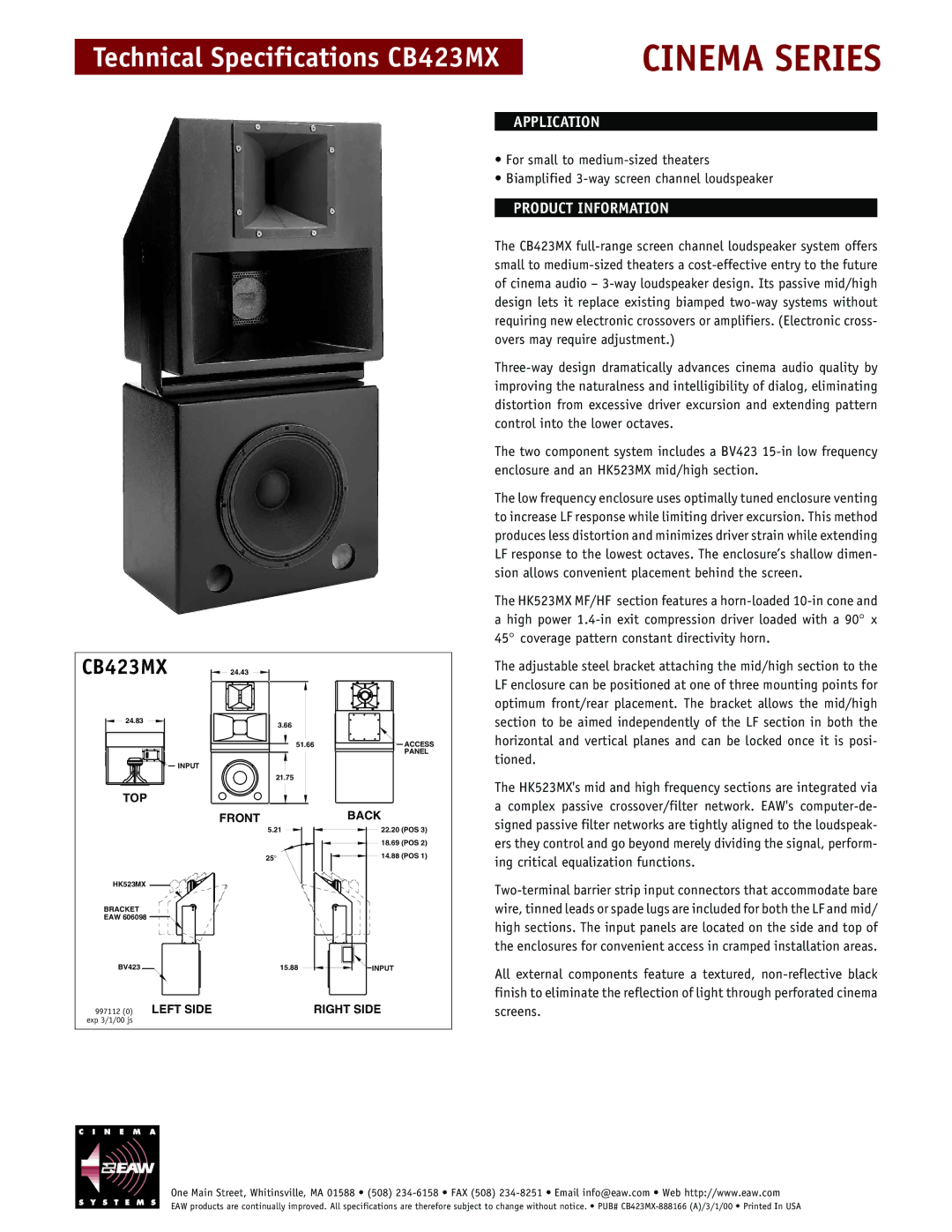 EAW CB423MX technical specifications Cinema Series, Application, Product Information 