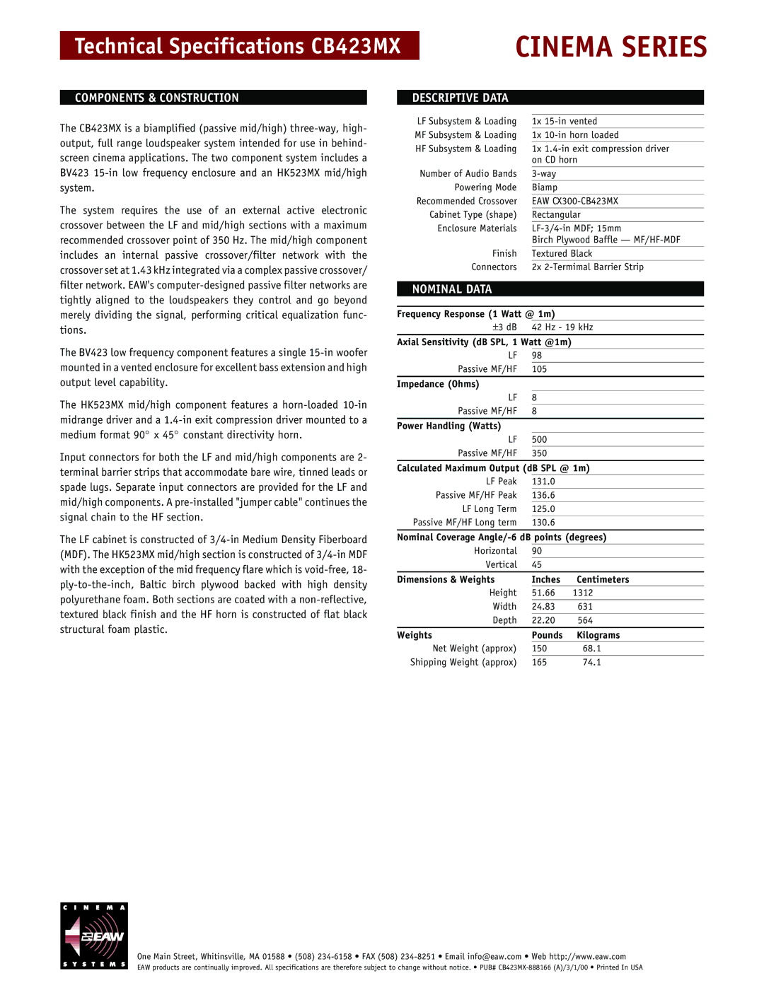 EAW technical specifications Components & Construction, Descriptive Data, Nominal Data, EAW CX300-CB423MX 