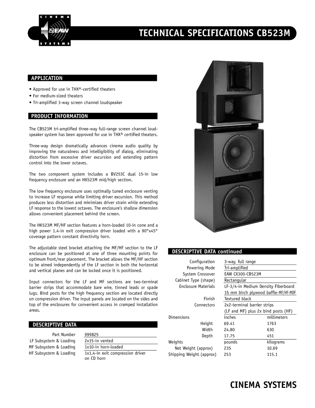 EAW technical specifications Technical Specifications CB523M, Application, Product Information, Descriptive Data 