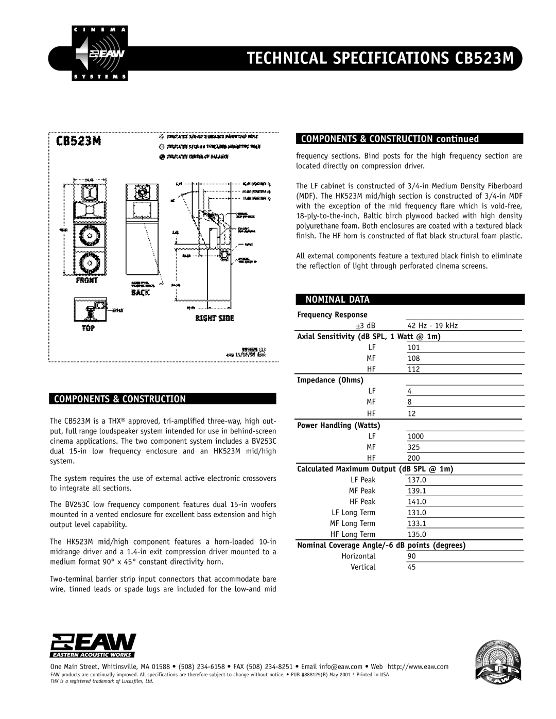 EAW CB523M technical specifications Components & Construction, Nominal Data 