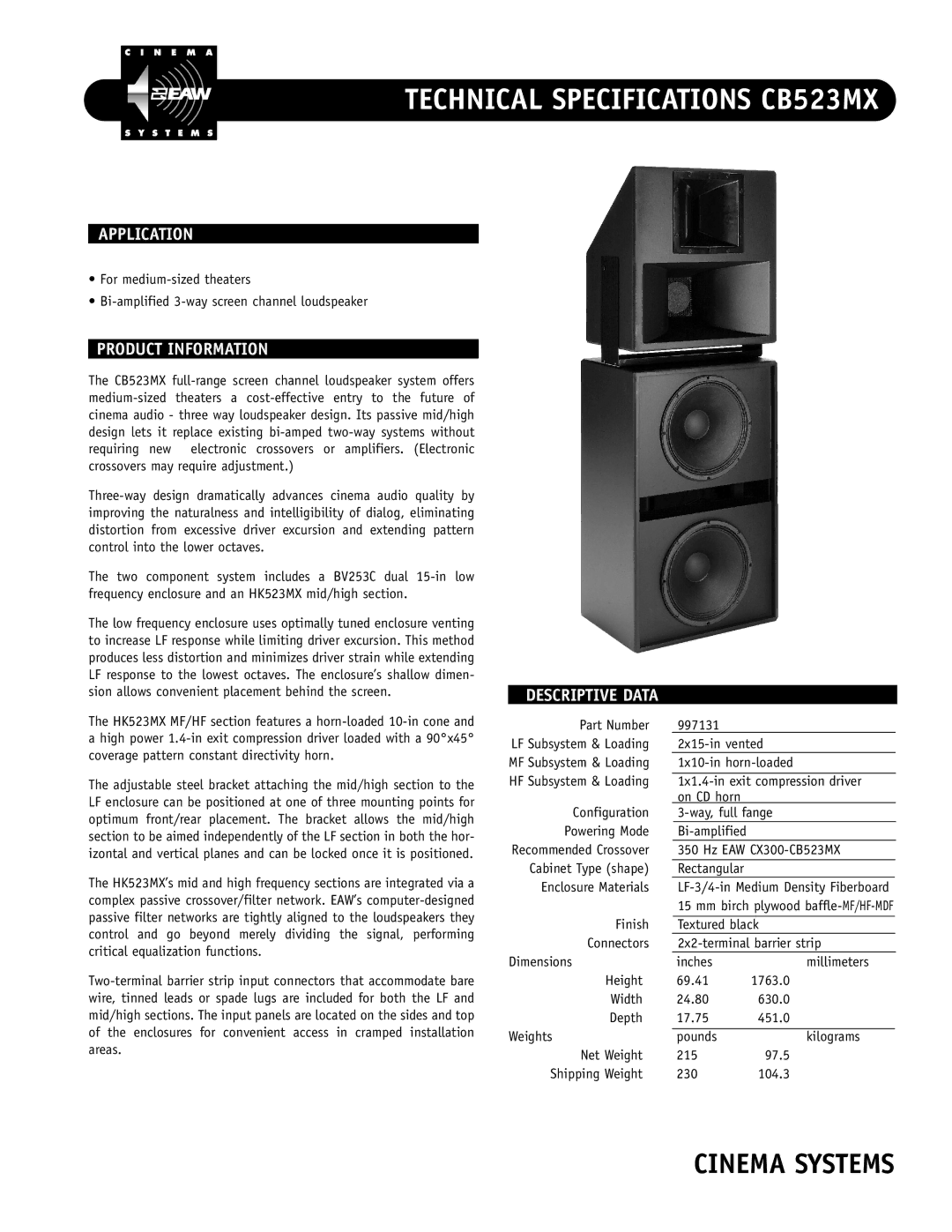 EAW CB523Mx technical specifications Application, Product Information, Descriptive Data 