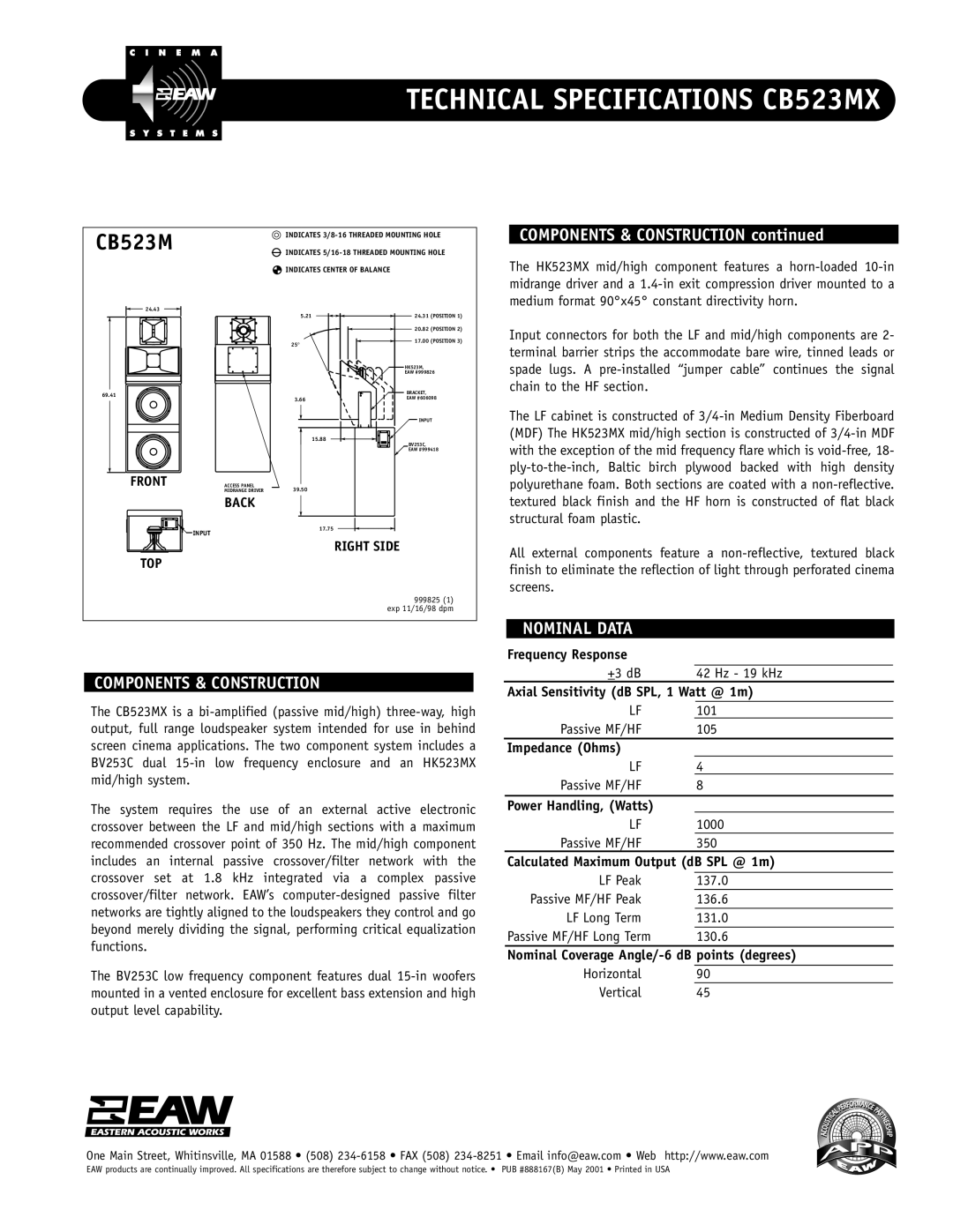 EAW CB523Mx technical specifications Components & Construction, Nominal Data 