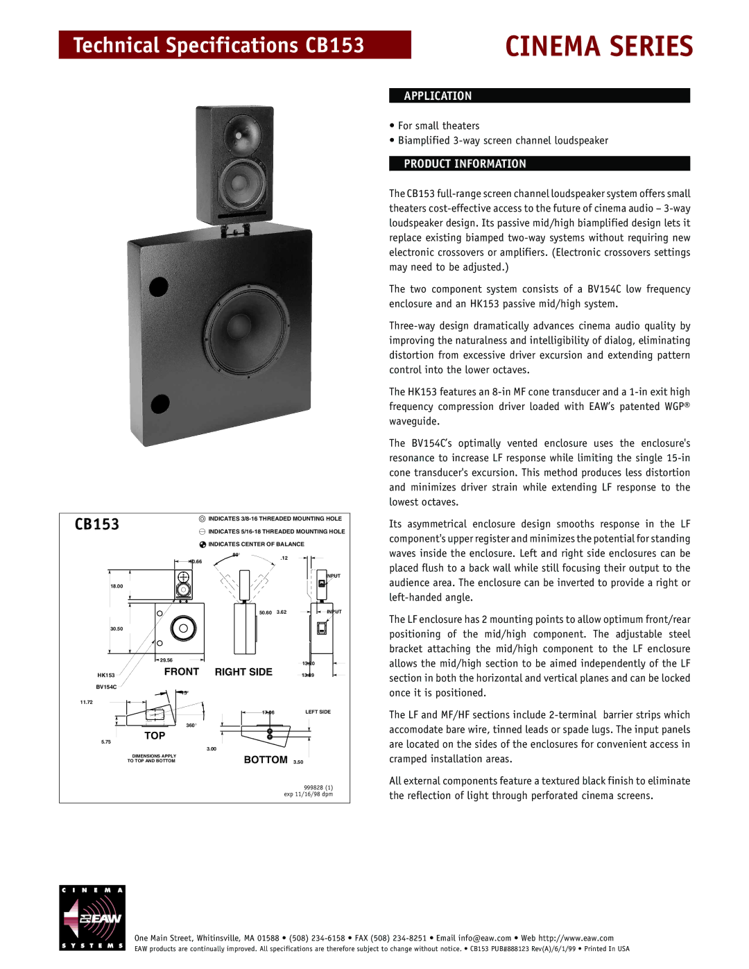 EAW CB153, CINEMA Series technical specifications Cinema Series, Application, Product Information 