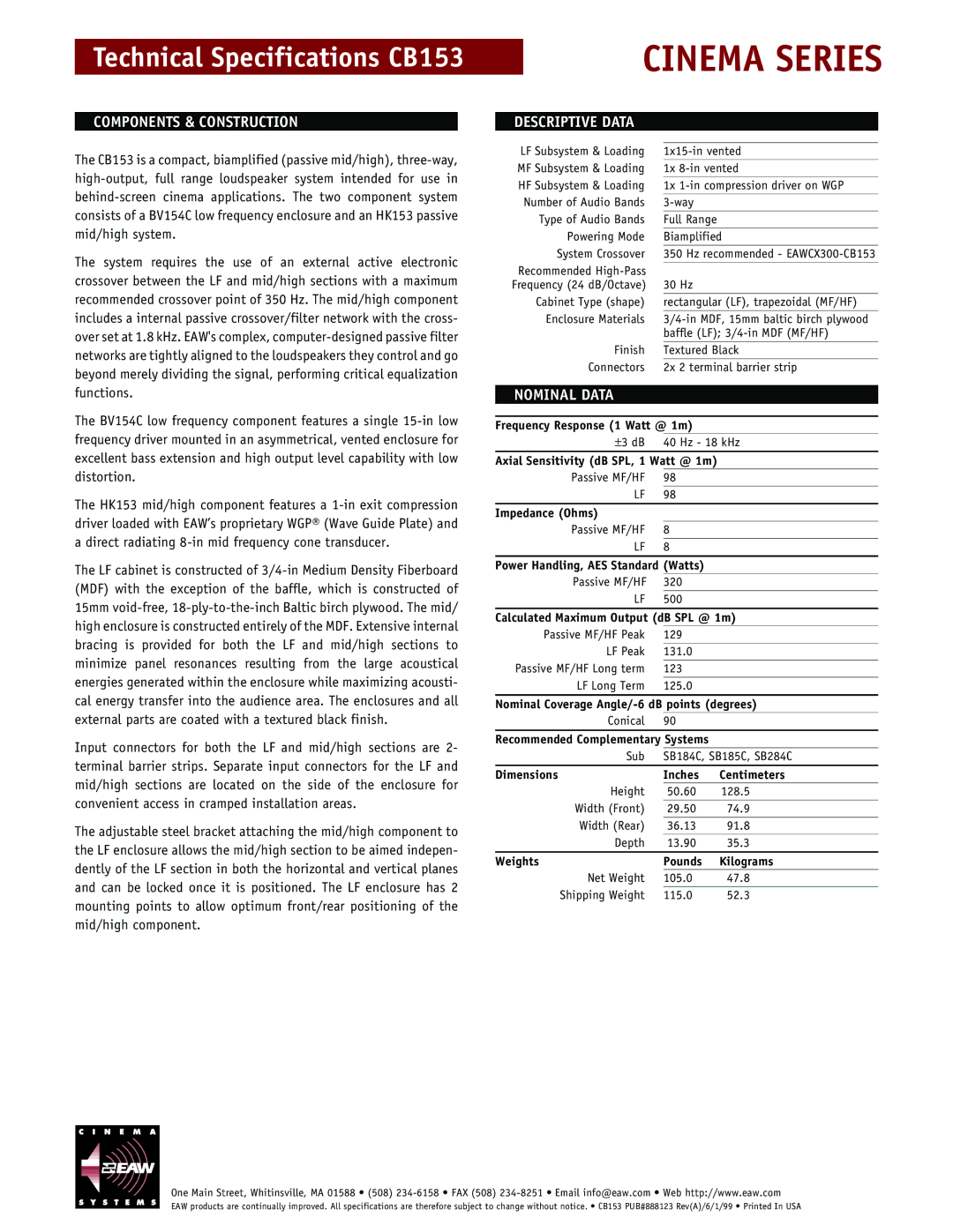 EAW CINEMA Series, CB153 technical specifications Components & Construction, Descriptive Data, Nominal Data 