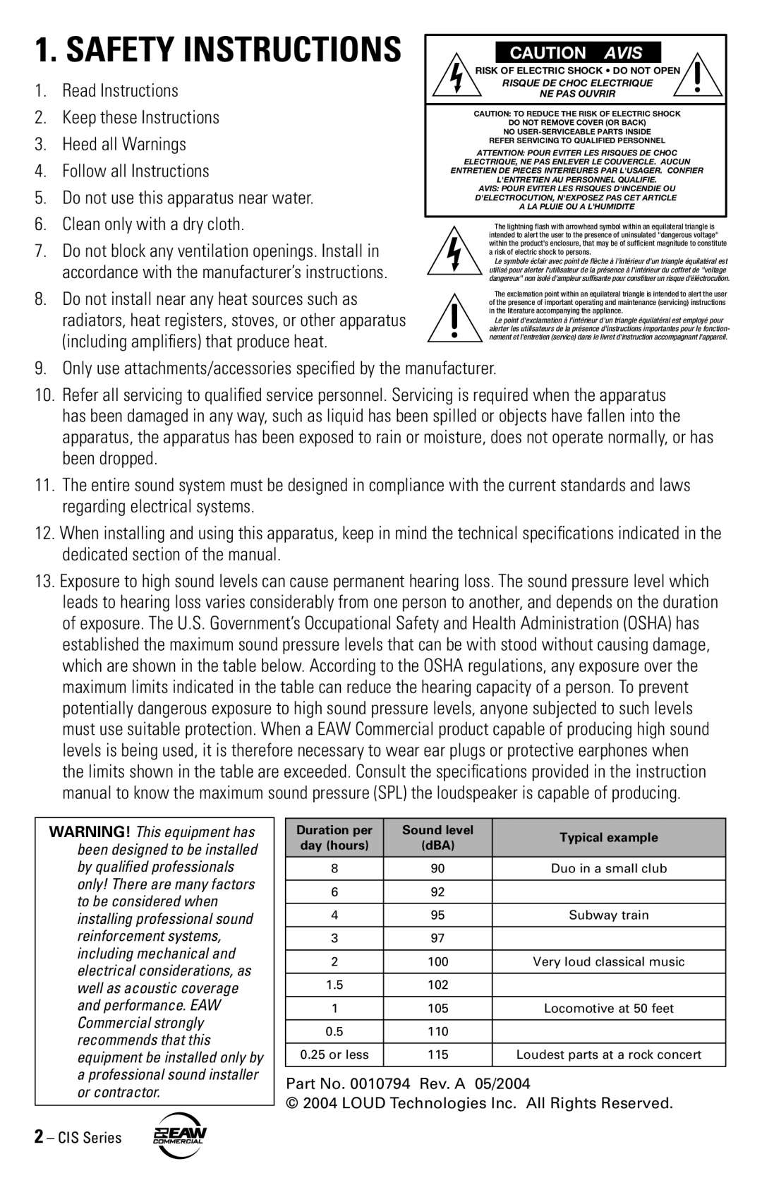 EAW CIS50, CIS65, CIS80 instruction manual Safety Instructions, CIS Series 