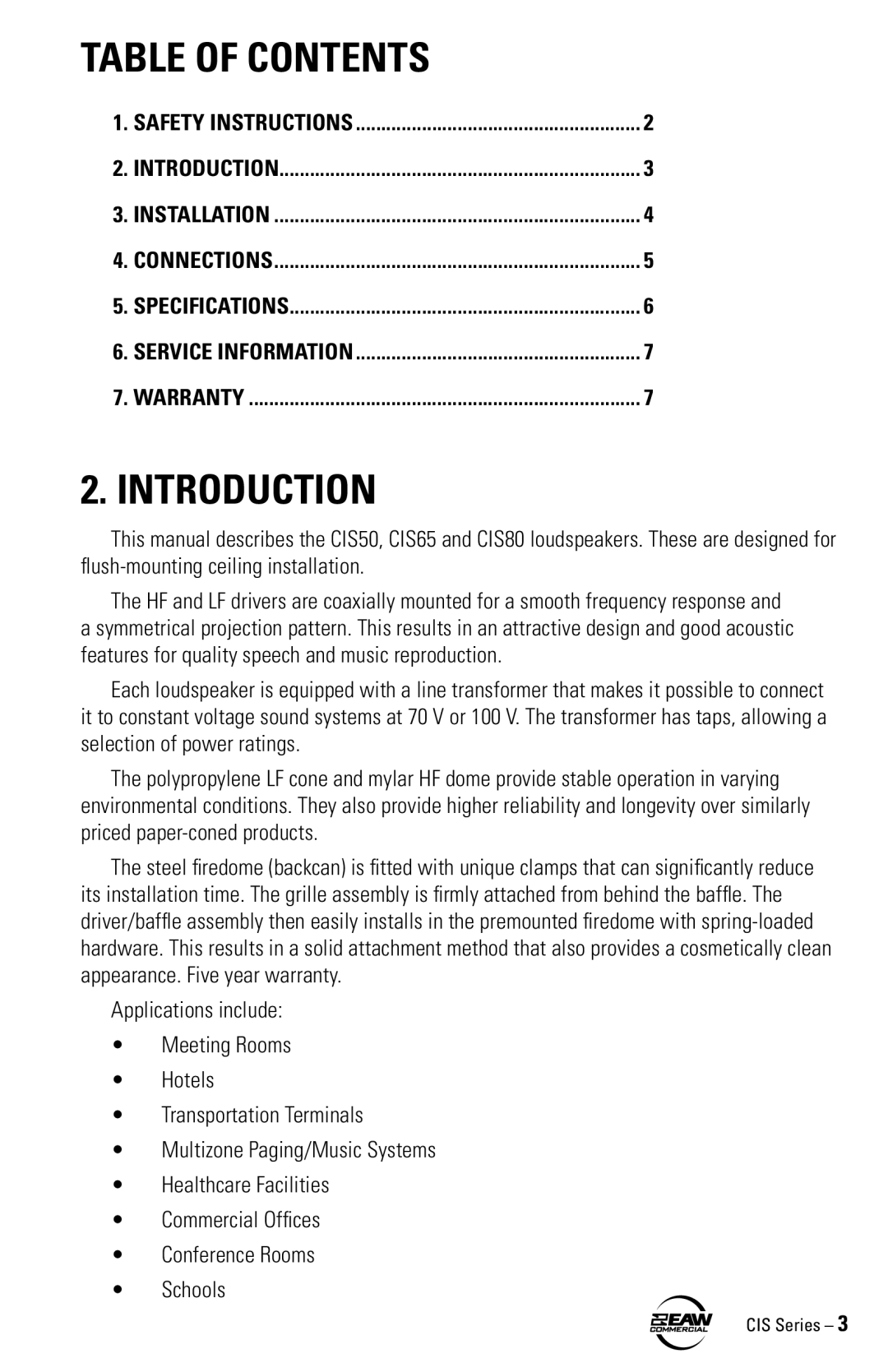 EAW CIS65, CIS80, CIS50 instruction manual Table of Contents, Introduction 