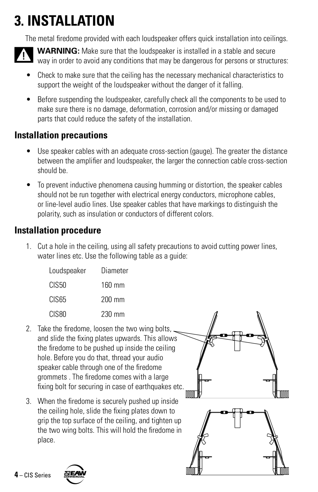 EAW CIS80, CIS65, CIS50 instruction manual Installation precautions, Installation procedure 