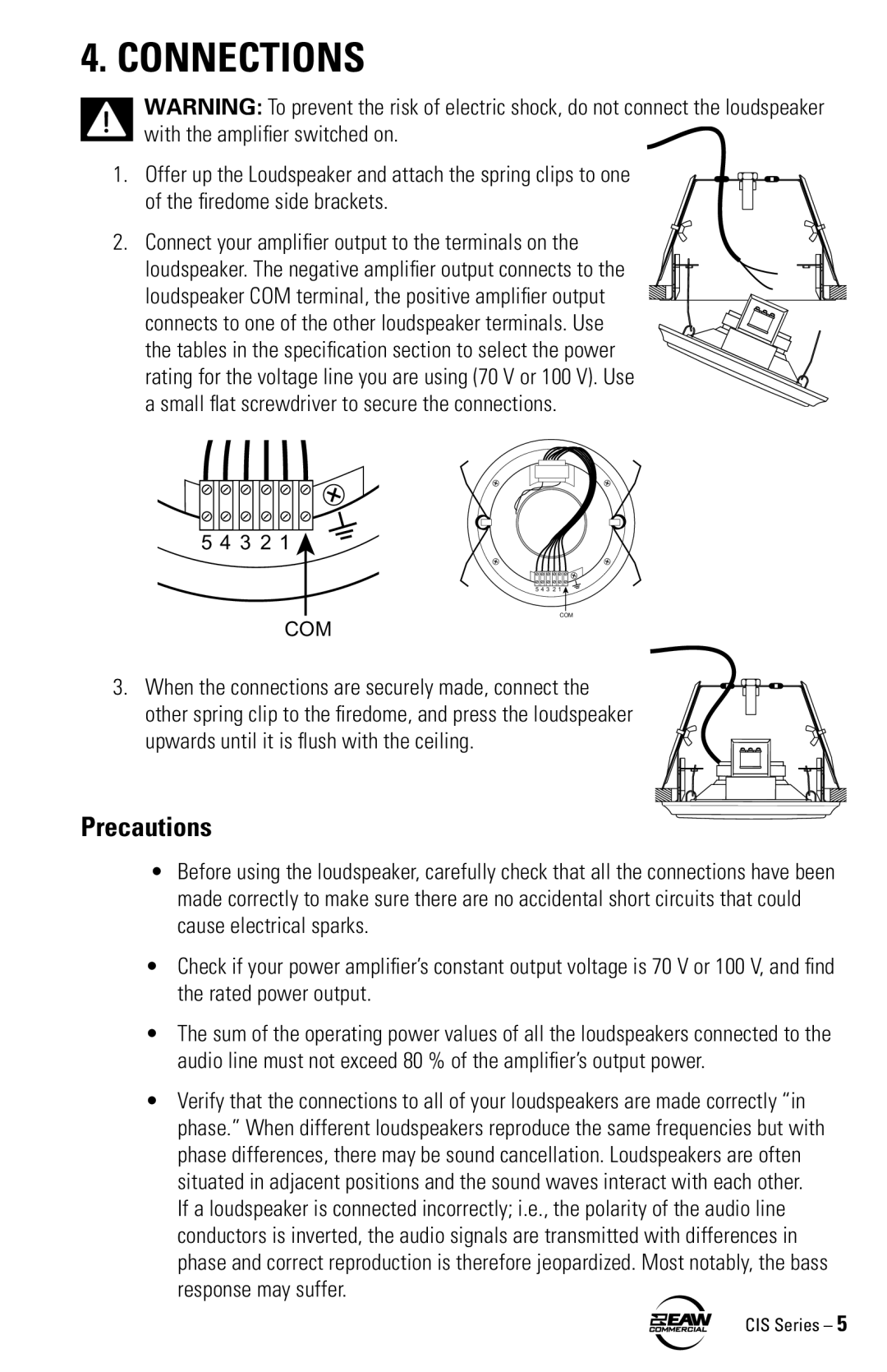 EAW CIS50, CIS65, CIS80 instruction manual Connections, Precautions 